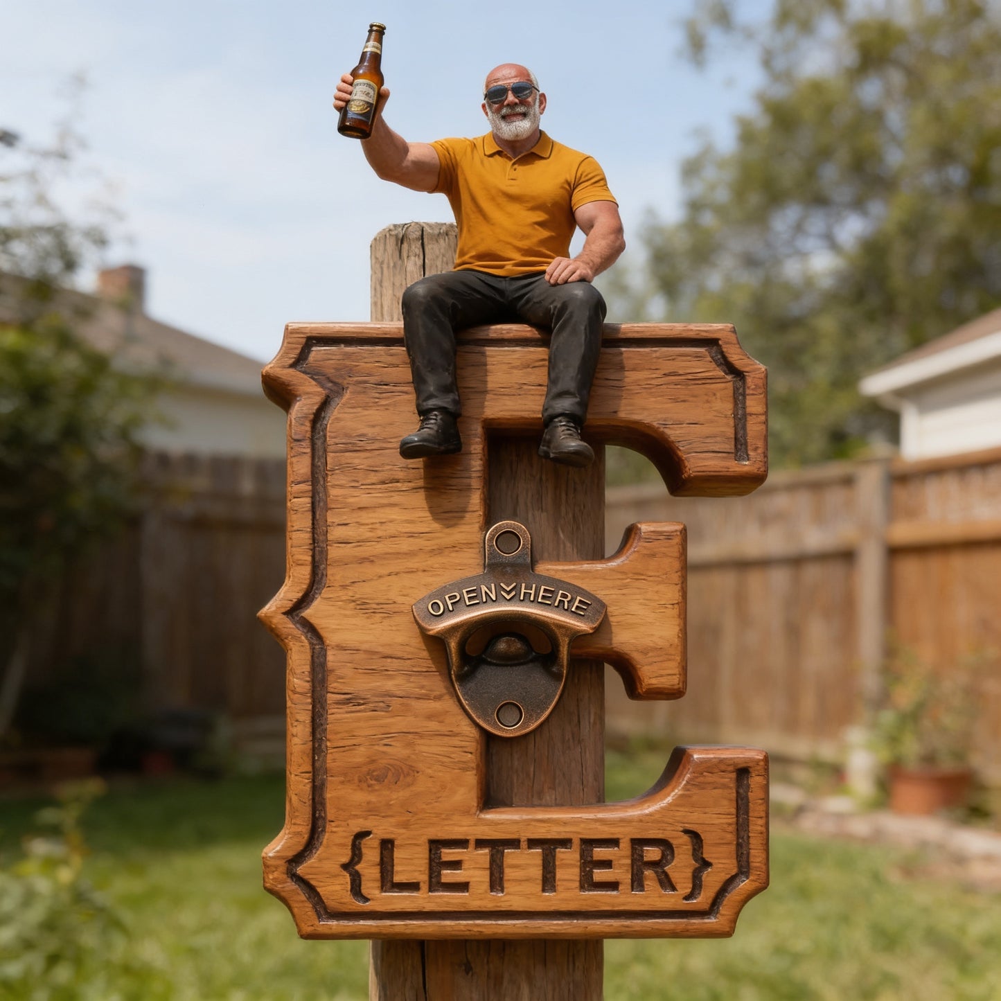 Personalized Letter Wall Bottle Opener | Funny Bearded Beer Lover Man Design, Rustic Home Bar Gift for Dad Beer Enthusiasts