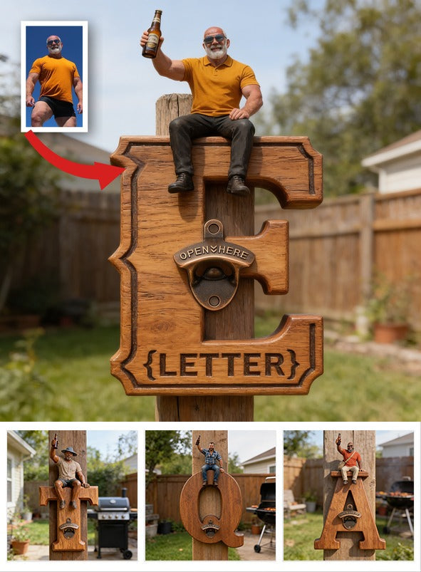 Personalized Letter Wall Bottle Opener | Funny Bearded Beer Lover Man Design, Rustic Home Bar Gift for Dad Beer Enthusiasts