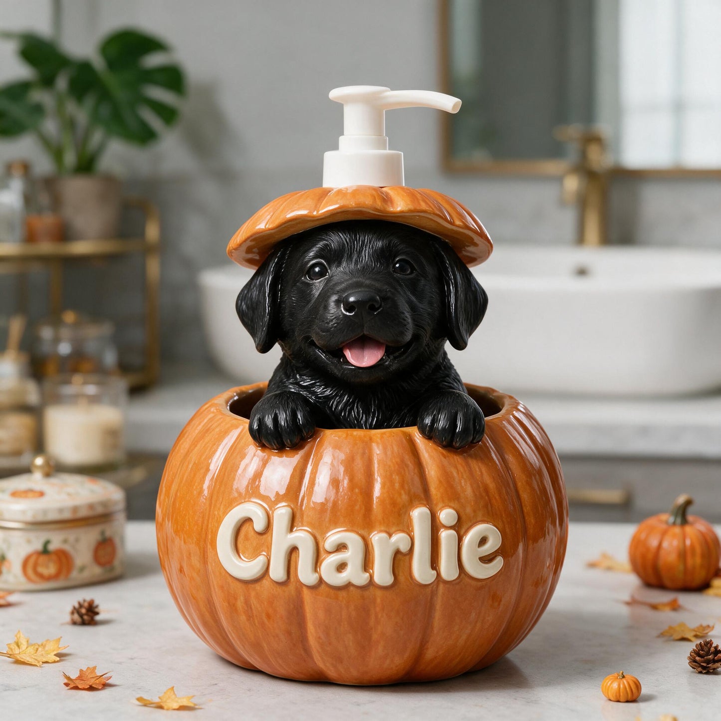Personalized Black Labrador Retriever Puppy Pumpkin Peek-a-Boo Soap Pump Dispenser Cute Fall Dog Lover Home Decor Gift
