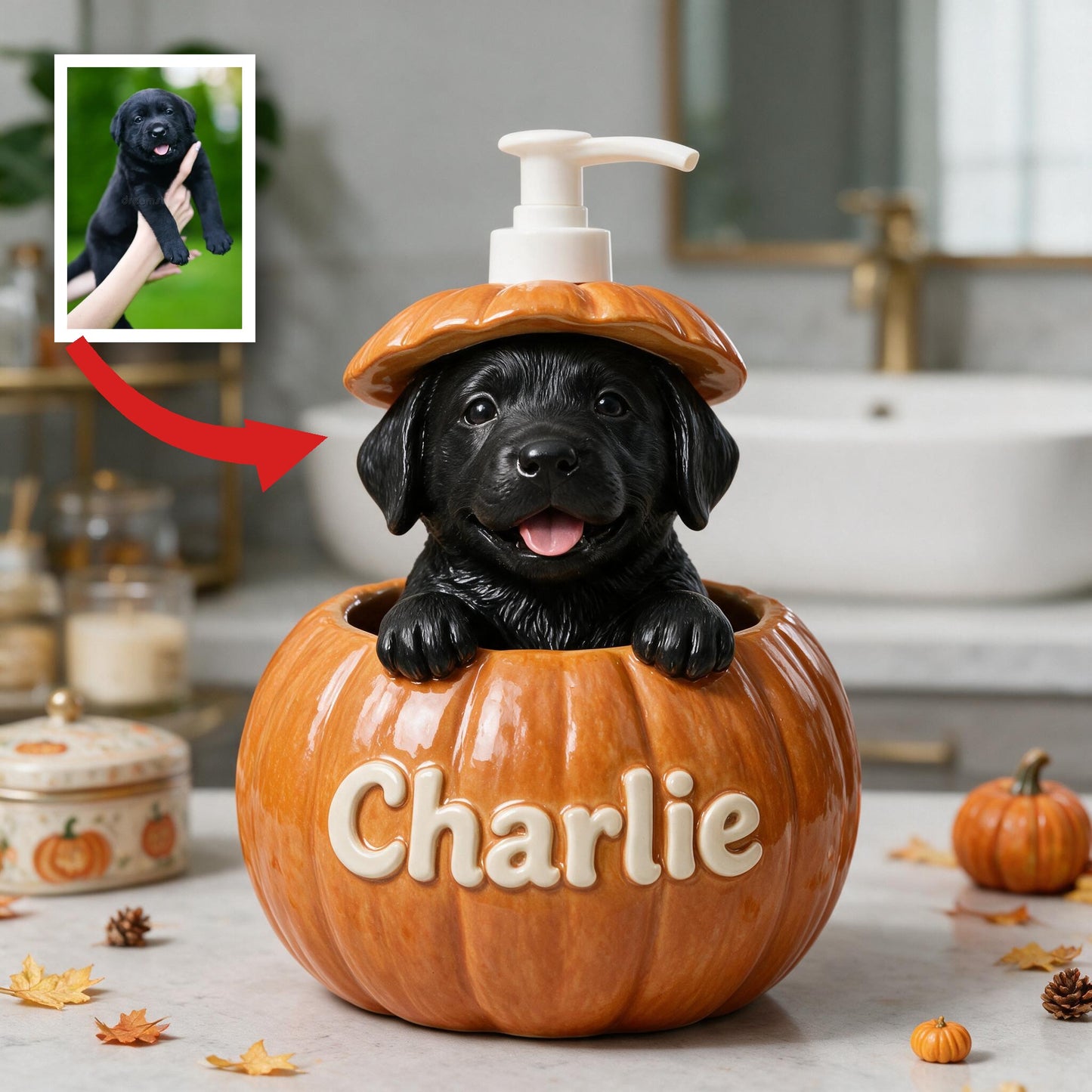 Personalized Black Labrador Retriever Puppy Pumpkin Peek-a-Boo Soap Pump Dispenser Cute Fall Dog Lover Home Decor Gift