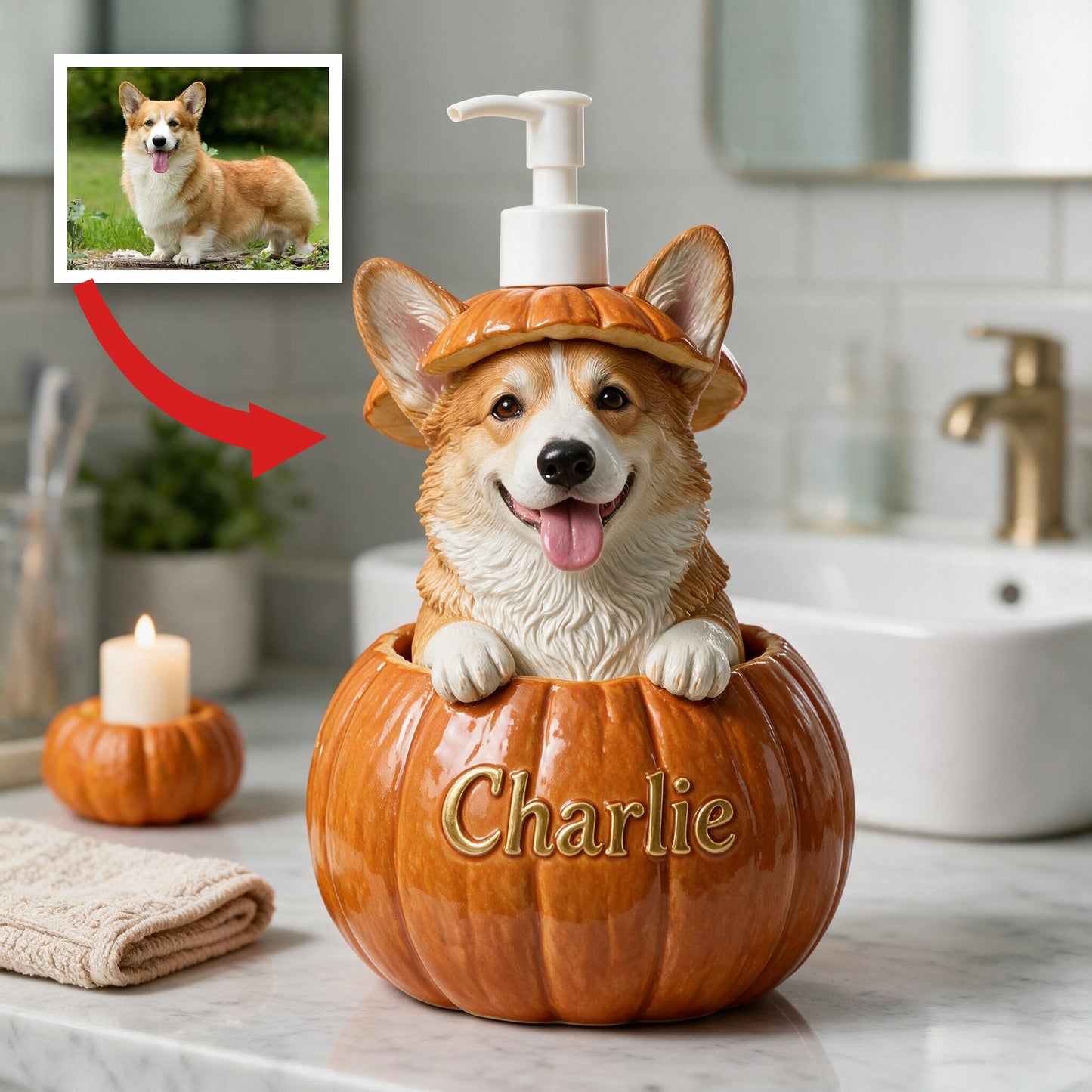 Personalized Welsh Corgi Pumpkin Peek-A-Boo Pump Dispenser, Cute Fall Bathroom Decor Gift for Corgi Dog Lovers