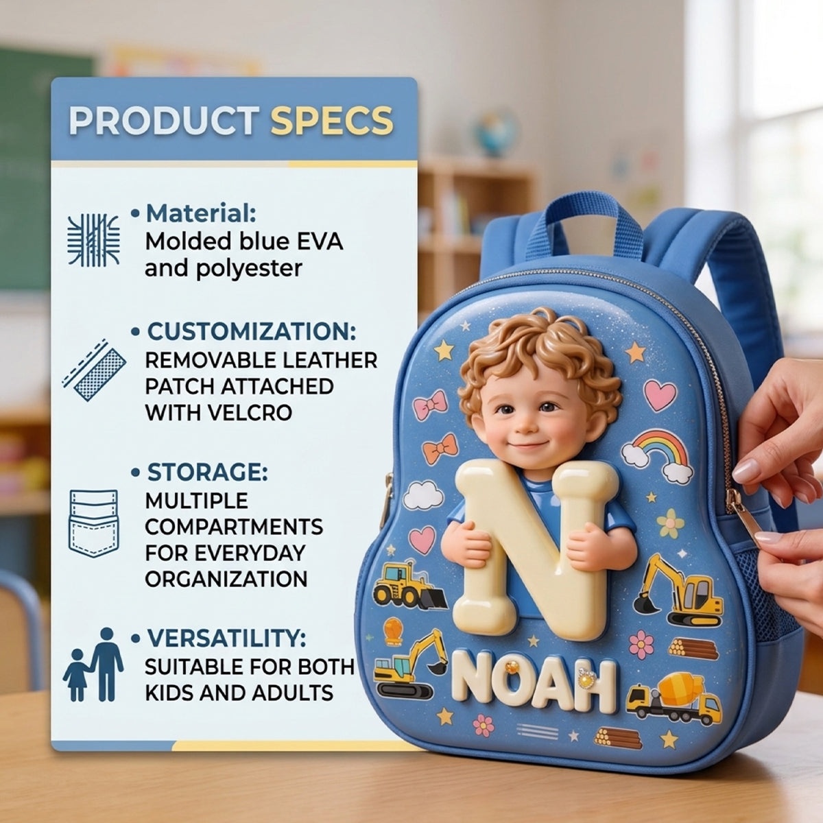 Personalized 3D Smiling Curly Haired Toddler Baby Boy Backpack Custom Name Patch Kids School Bag Gift