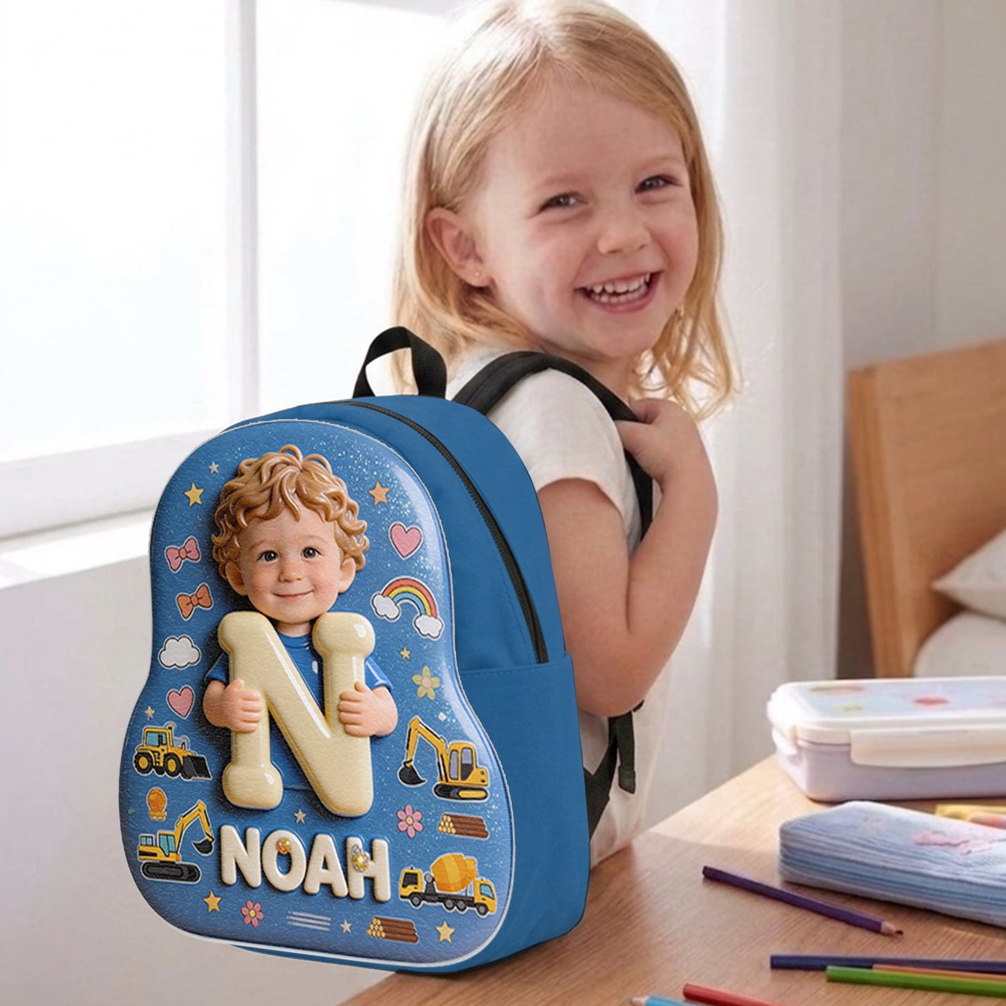 Personalized 3D Curly Blonde Baby Boy Custom Name Backpack, Cute Preschool Toddler School Gift for Little Boys