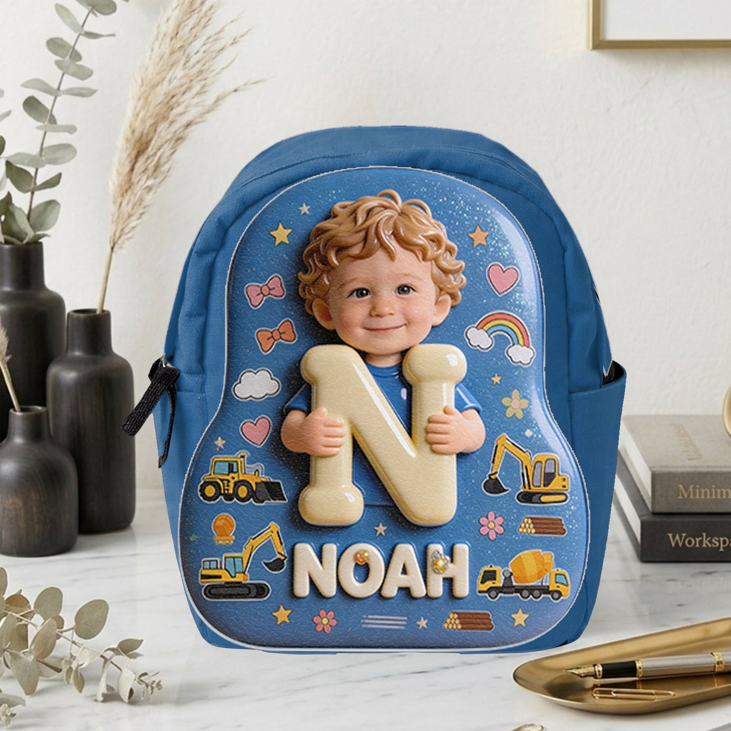 Personalized Curly Haired Latin Baby Boy Backpack Custom 3D Name Initial Toddler School Bag Cute Back to School Gift for Little Boys