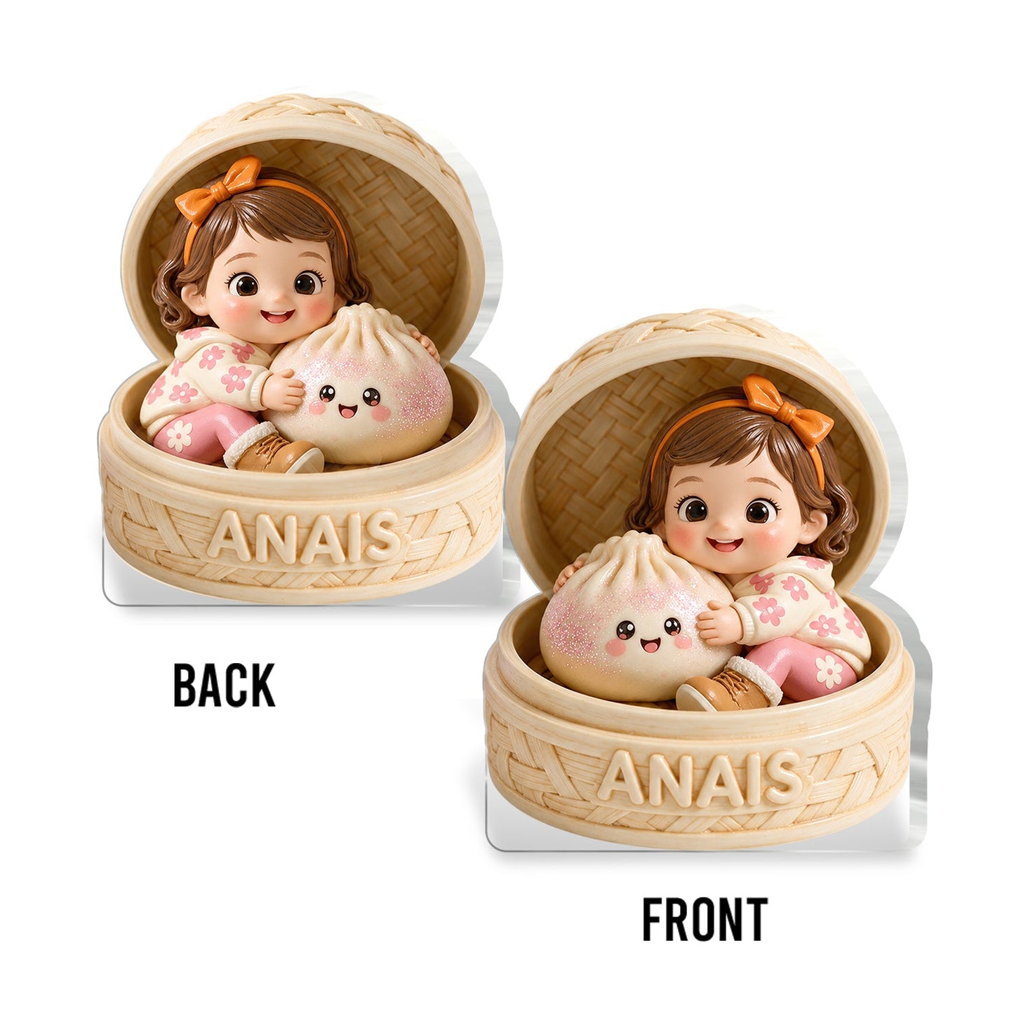 Adorable Custom Black Baby in Bamboo Steamer with Cute Dumpling Personalized Double-Sided Acrylic Plaque, Sweet New Baby Keepsake Gift