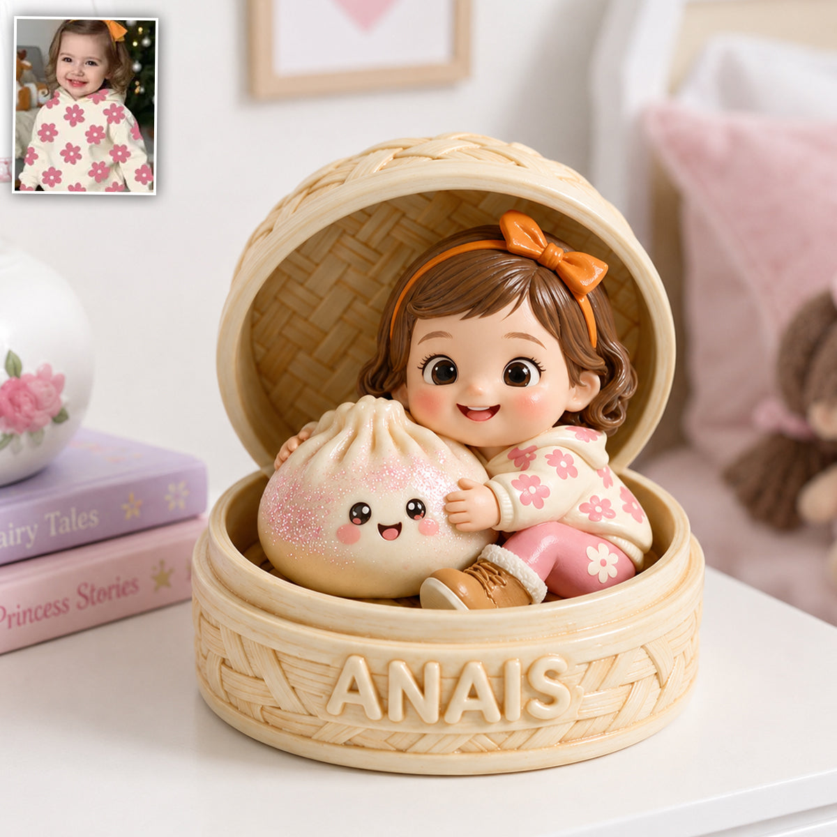 Adorable Curly Hair Latin Baby Holding Cute Pink Dumpling In Steamer Personalized 2-Side Printed Acrylic Plaque Kids Gift Keepsake
