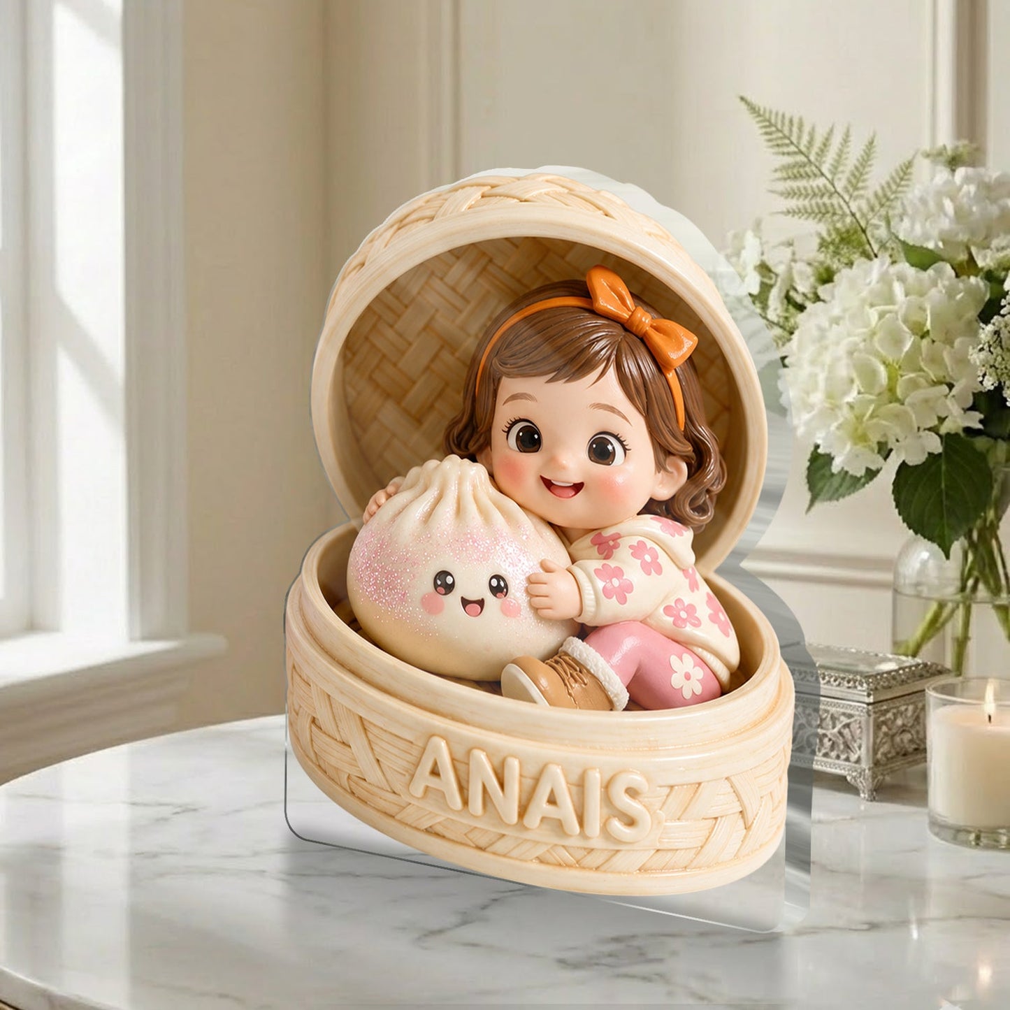 Adorable Custom Black Baby in Bamboo Steamer with Cute Dumpling Personalized Double-Sided Acrylic Plaque, Sweet New Baby Keepsake Gift