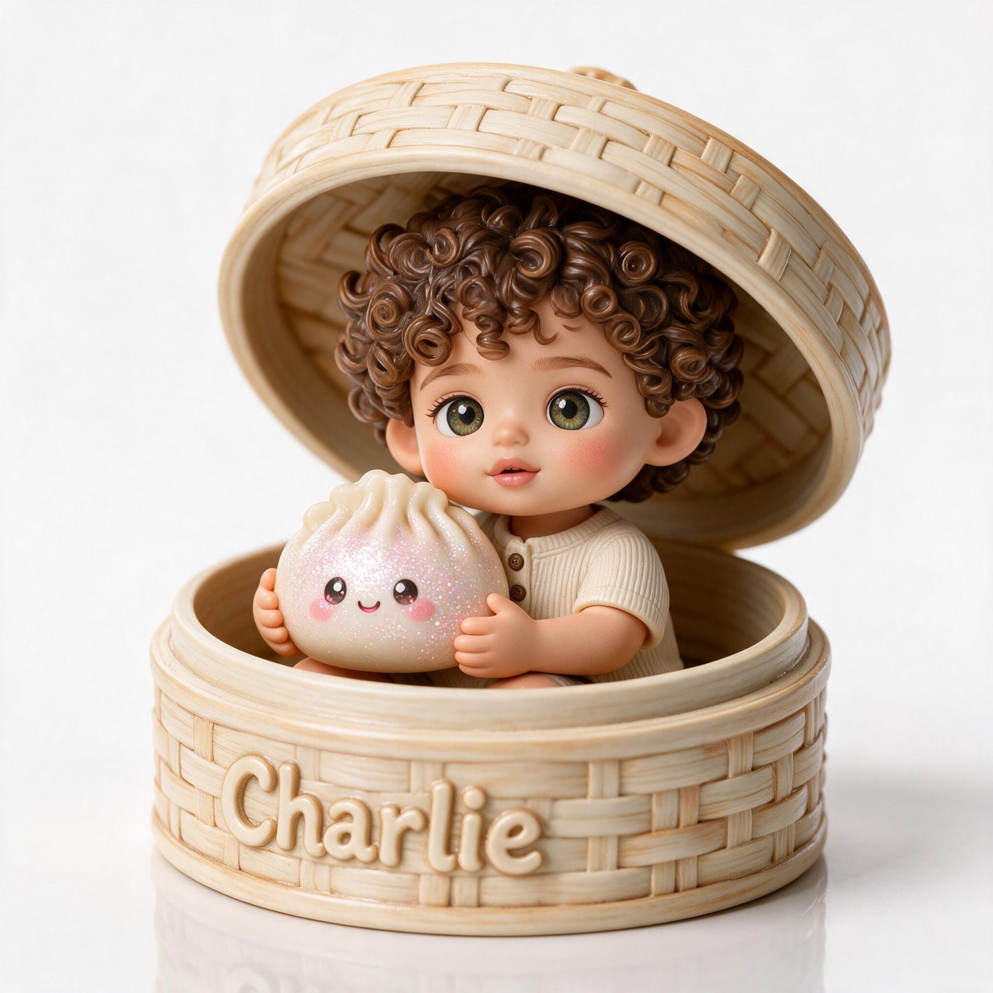 Cute Curly Haired Baby with Kawaii Dumpling Personalized 2-Sided Acrylic Plaque Custom Kids Keepsake Gift