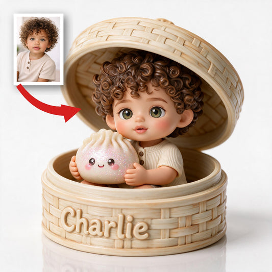 Cute Curly Haired Baby with Kawaii Dumpling Personalized 2-Sided Acrylic Plaque Custom Kids Keepsake Gift