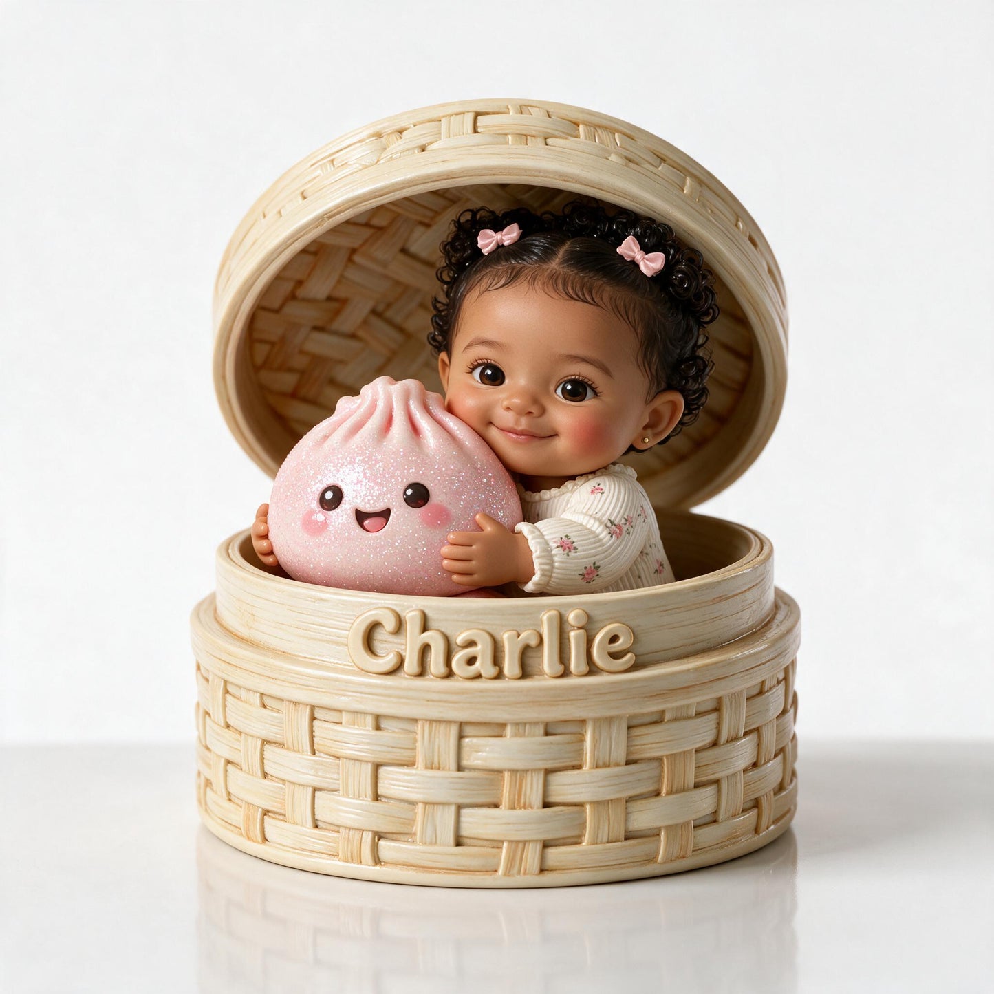 Adorable Curly Hair Latin Baby Holding Cute Pink Dumpling In Steamer Personalized 2-Side Printed Acrylic Plaque Kids Gift Keepsake