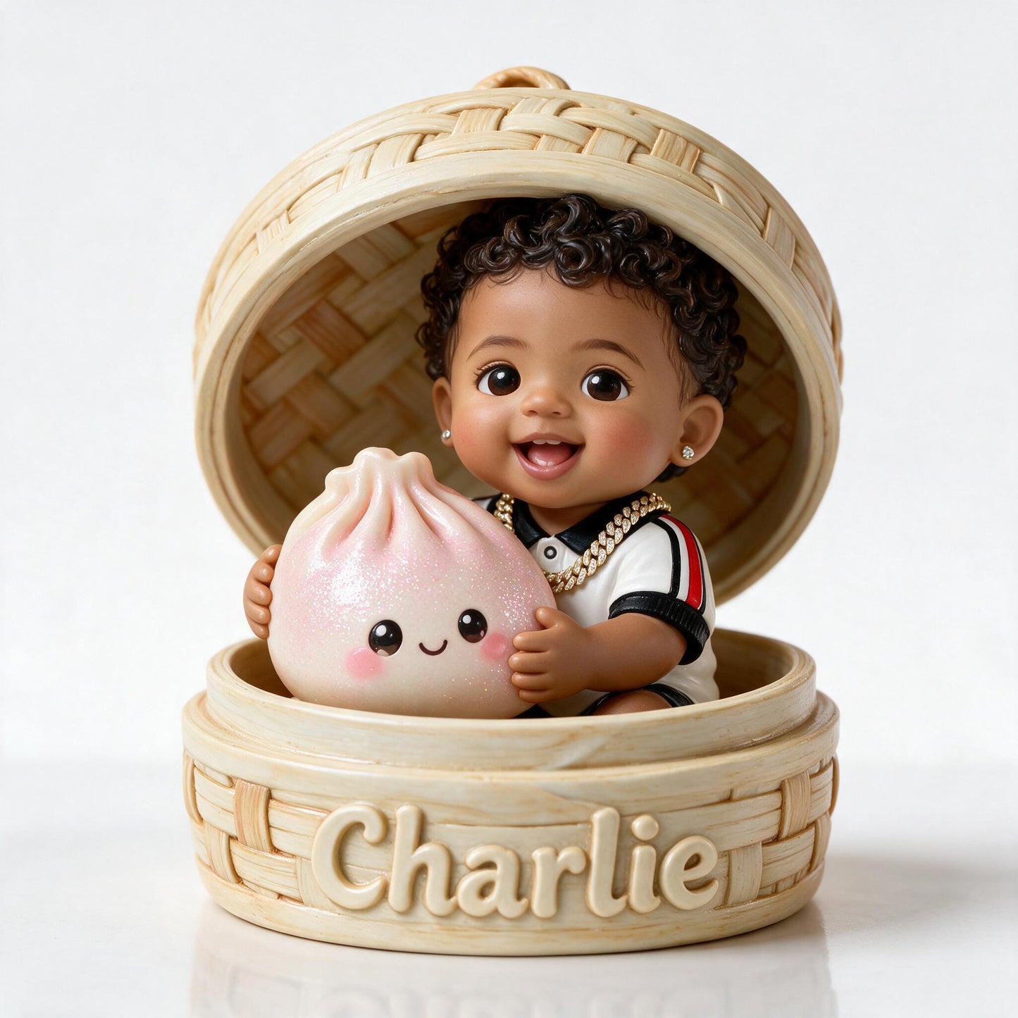 Cute Curly Haired Black Baby with Kawaii Dumpling Personalized Double-Sided Acrylic Plaque, Custom Kid Keepsake Gift