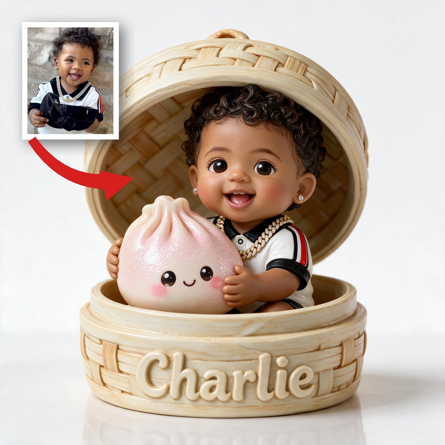 Cute Curly Haired Black Baby with Kawaii Dumpling Personalized Double-Sided Acrylic Plaque, Custom Kid Keepsake Gift