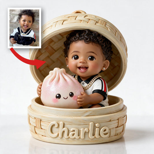 Cute Curly Haired Black Baby with Kawaii Dumpling Personalized Double-Sided Acrylic Plaque, Custom Kid Keepsake Gift