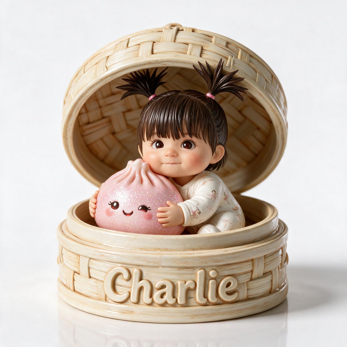 Cute Baby Girl Hugging Kawaii Dumpling in Bamboo Steamer Personalized Double-Sided Acrylic Plaque, Custom Kid Gift