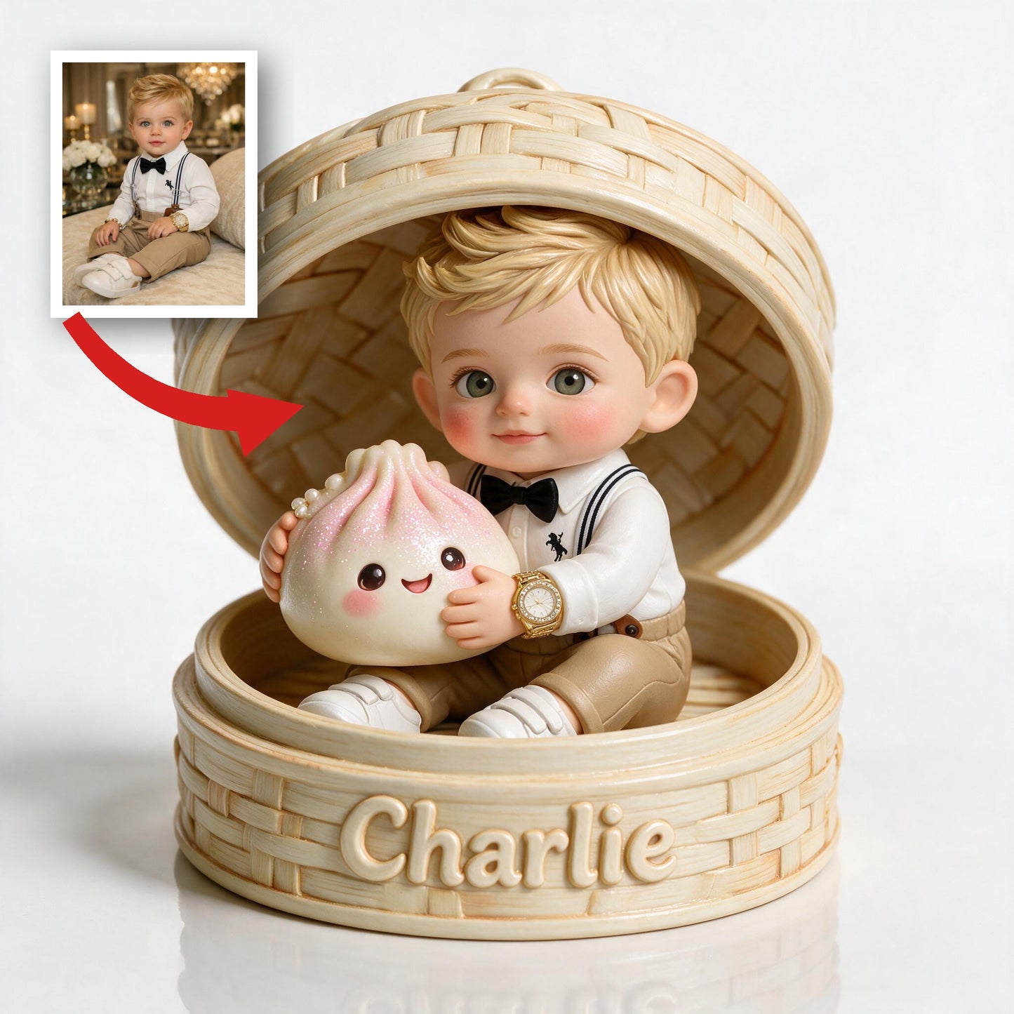 Adorable Personalized Blonde Baby Boy Bamboo Steamer 2-Side Printed Acrylic Plaque, Custom Kid Keepsake Gift