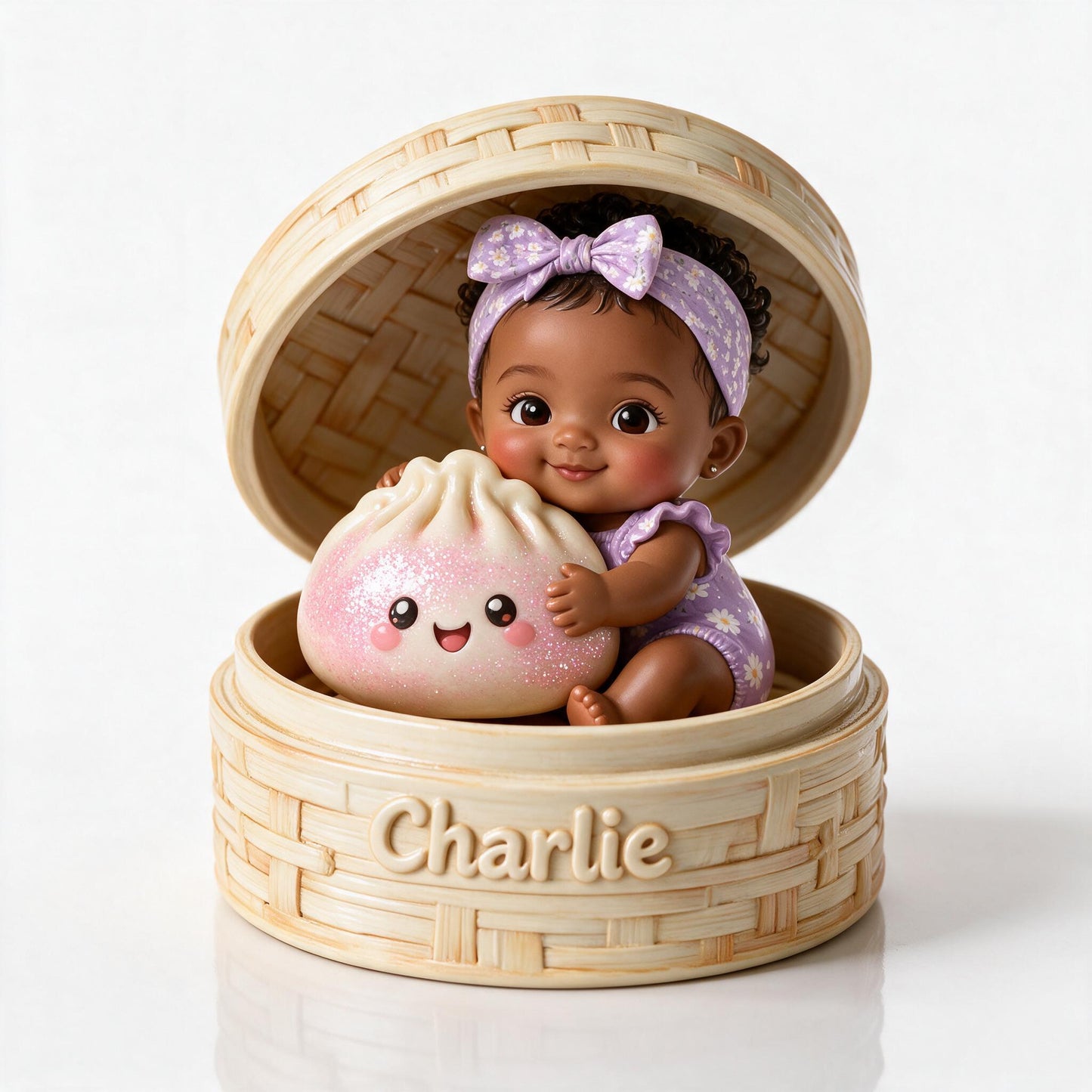 Adorable Custom Black Baby in Bamboo Steamer with Cute Dumpling Personalized Double-Sided Acrylic Plaque, Sweet New Baby Keepsake Gift