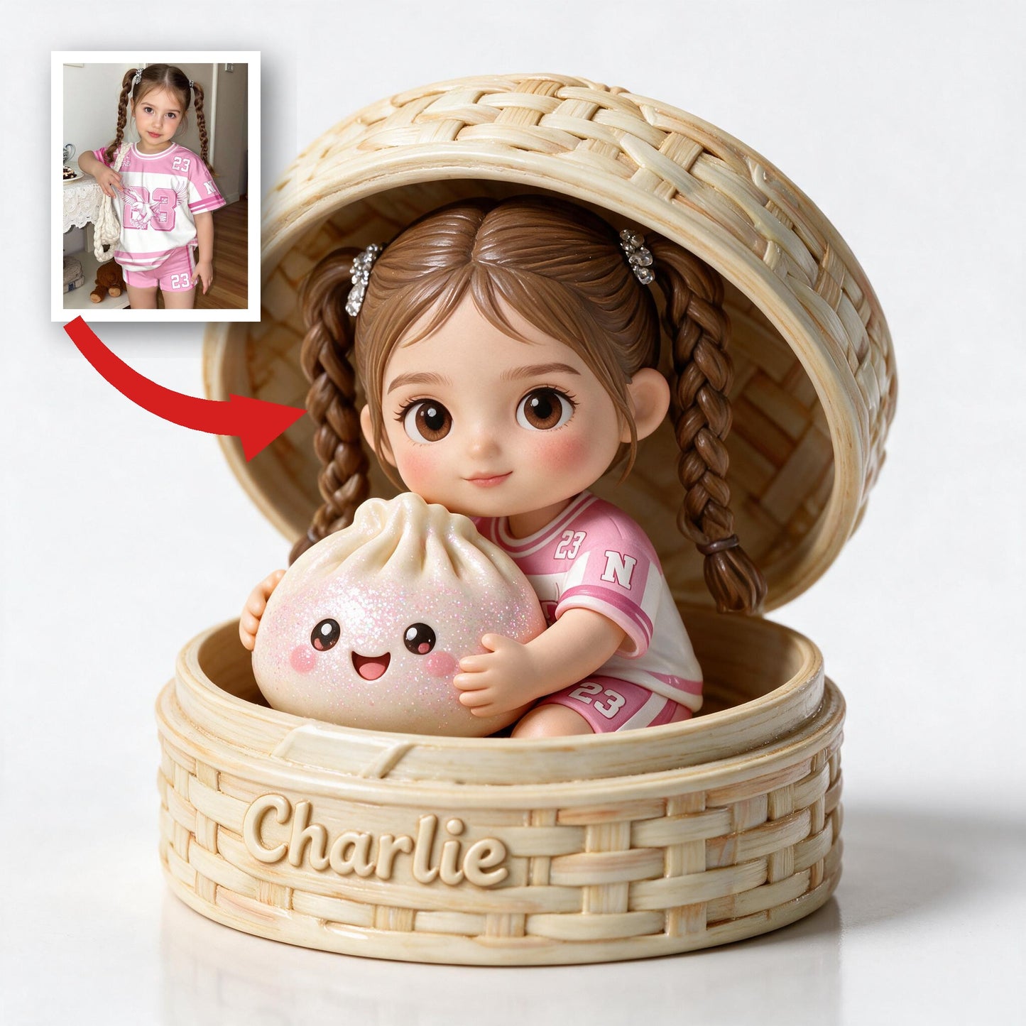 Cute Chibi Kid Girl Hugging Kawaii Dumpling Personalized Double-Sided Acrylic Plaque Custom Kids Keepsake Gift