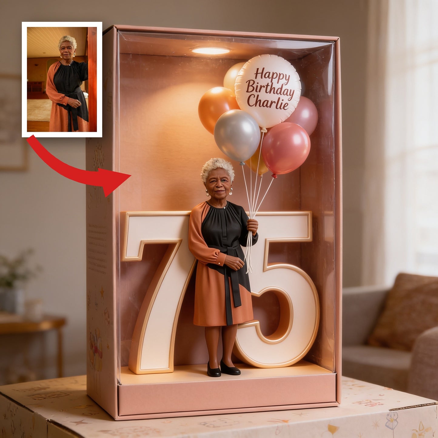 Personalized Elderly Black Woman Milestone 75th Birthday Custom Shaped Acrylic Plaque, Balloon Number Keepsake Gift for Grandma