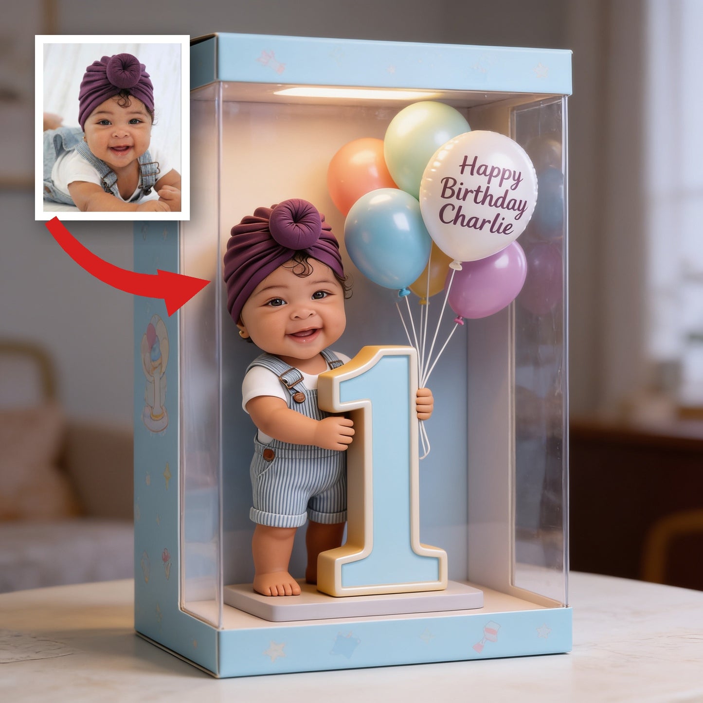 Personalized Cute Latin Baby 1st Birthday Acrylic Plaque with Balloons & Number One, Custom First Birthday Keepsake Gift