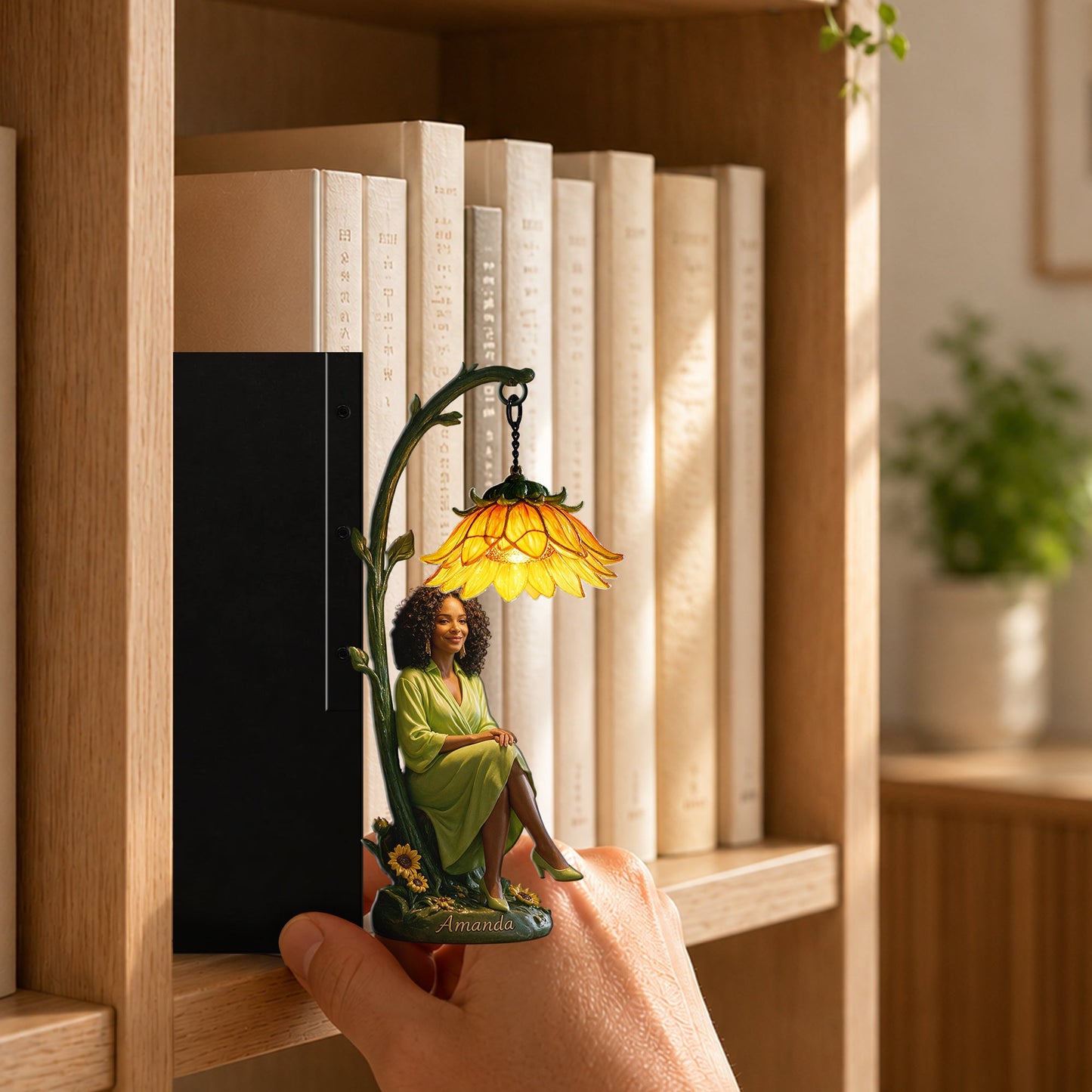 Personalized Seated Latin Woman Peony Flower Bookshelf Lamp Custom Cozy Reading Nook Home Decor Gift