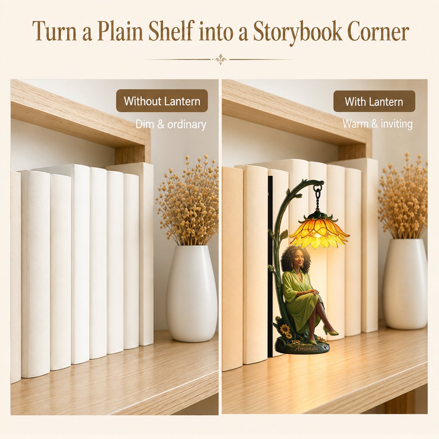 Personalized Seated Latin Woman Peony Flower Bookshelf Lamp Custom Cozy Reading Nook Home Decor Gift