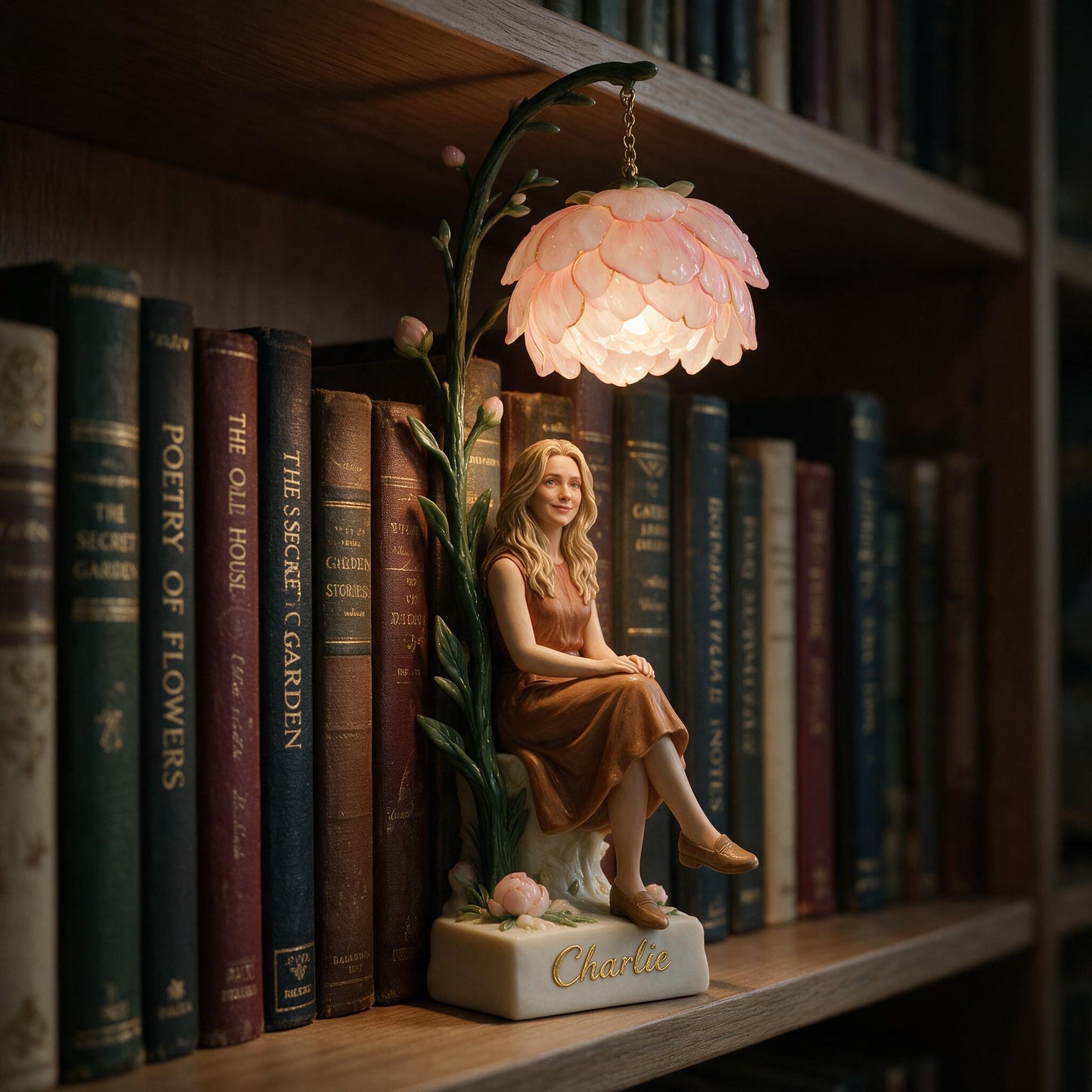 Personalized Adult Woman Pink Peony Bookshelf Lamp, Custom Cozy Reading Nook Decor Gift for Book Lovers