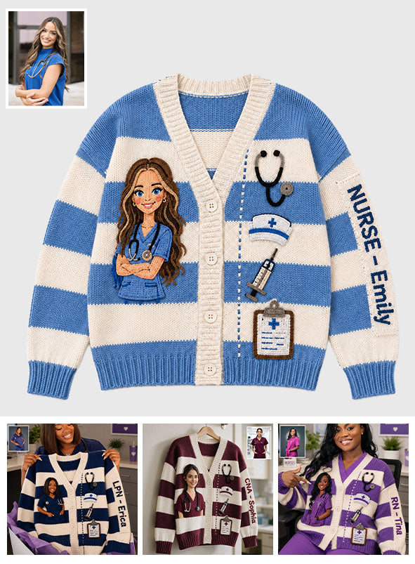 Personalized Registered black Nurse Life Striped Knit Cardigan Sweater, Thoughtful Appreciation Gift for Healthcare Workers