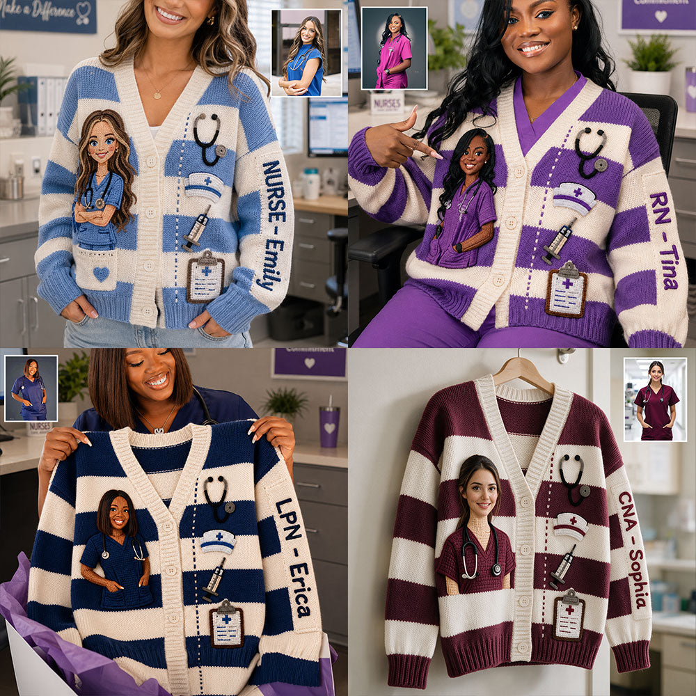 Personalized Custom Photo Nurse Life Knit Cardigan Sweater - Registered Nurse Appreciation Gift for Work & Everyday Wear