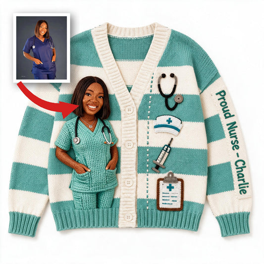 Cardigan en Tricot 3D Personnalisé pour Infirmière, Cadeau Fierté pour Professionnels de Santé