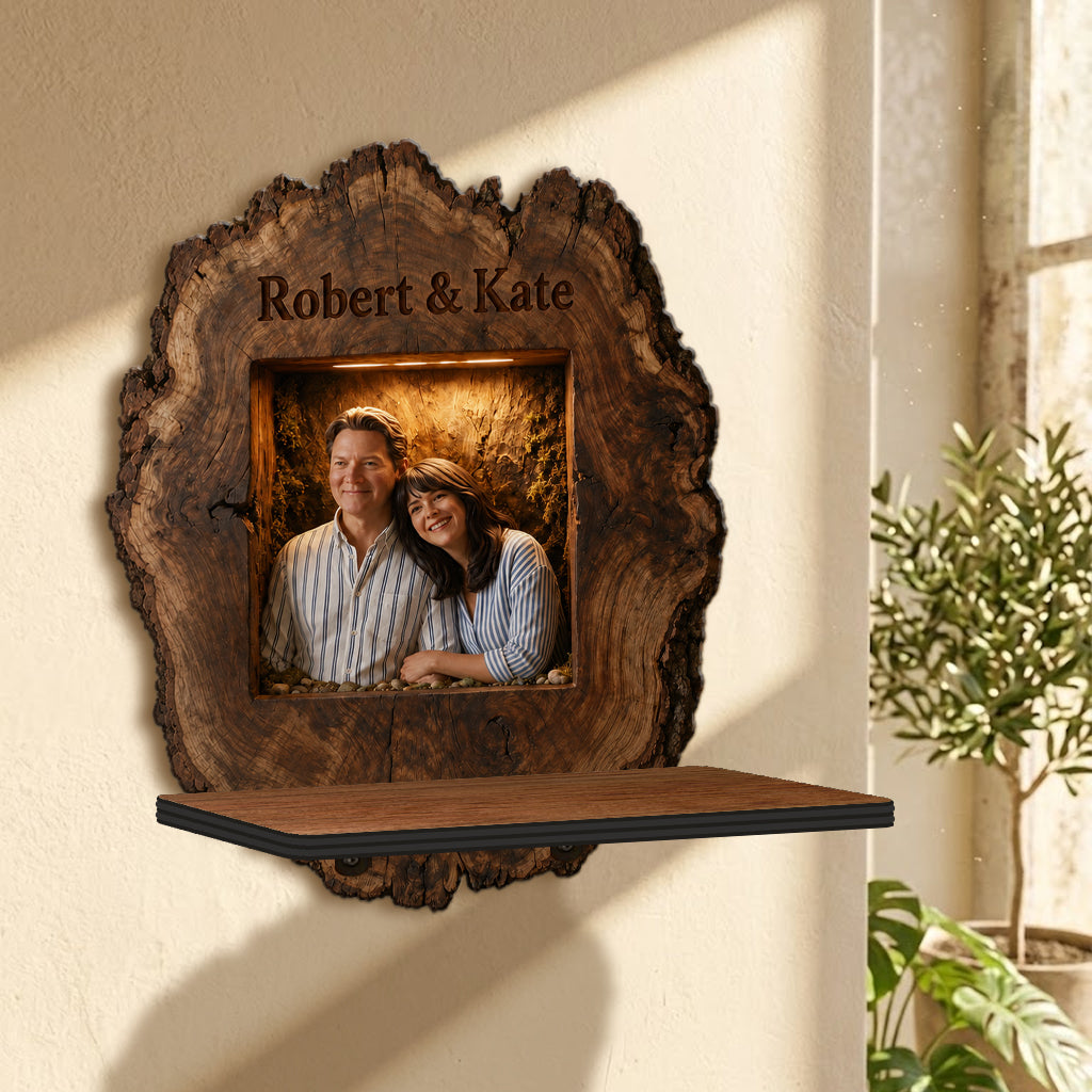 Personalized Rustic Live Edge Latin Couple Wooden Floating Shelf Romantic Custom Wall Decor Valentine Anniversary Gift