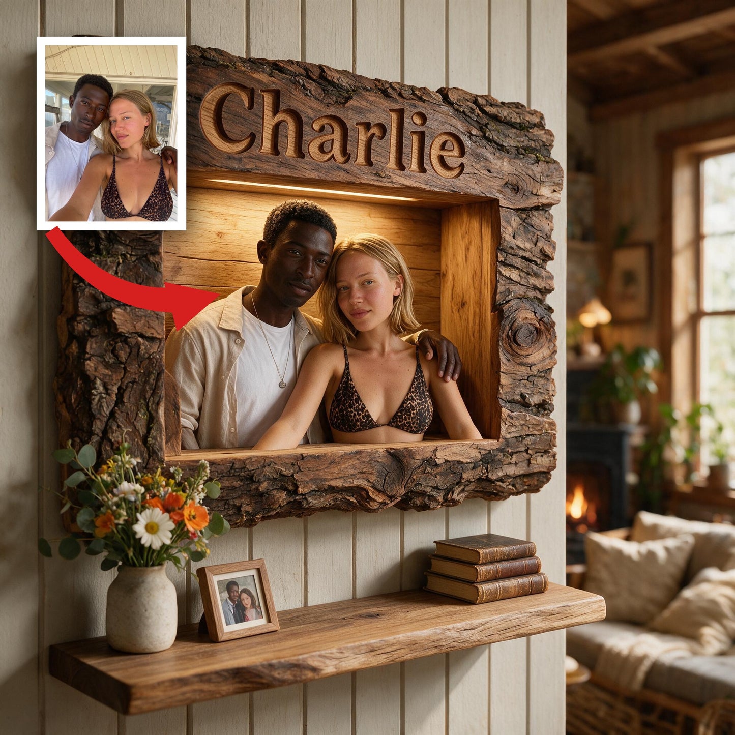 Rustic Personalized Couple Portrait Wooden Floating Shelf | Funny No Returns Relationship Gift for Anniversaries, Valentine and Housewarming
