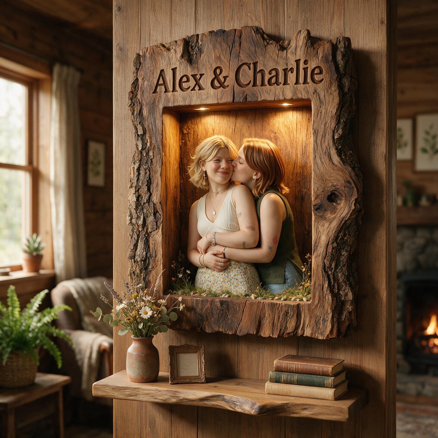 Personalized Rustic LGBTQ Couple Wooden Floating Shelf, Custom Wall Decor Gift for Anniversary, Pride, Housewarming or Valentine's Day
