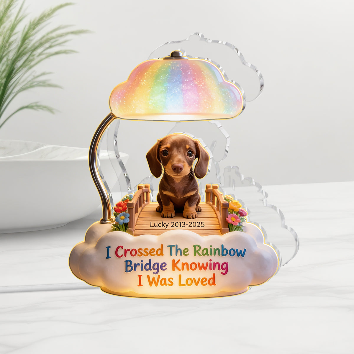 Personalized Long Haired Shih Tzu Rainbow Bridge Memorial Acrylic LED Night Light, Pet Loss Sympathy Gift