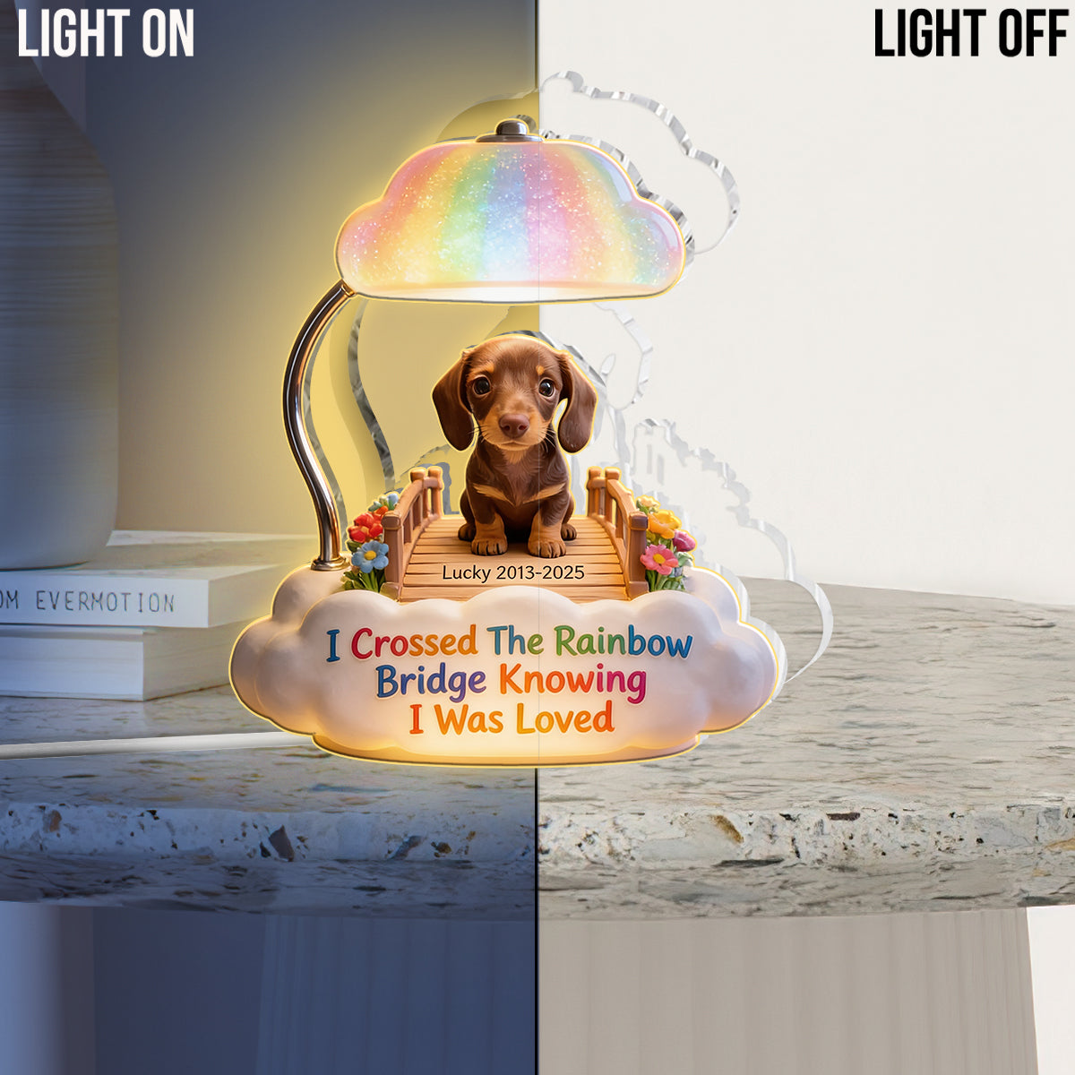 Personalized Curly Brown Poodle Rainbow Bridge Memorial Acrylic LED Night Light, Pet Loss Keepsake Gift