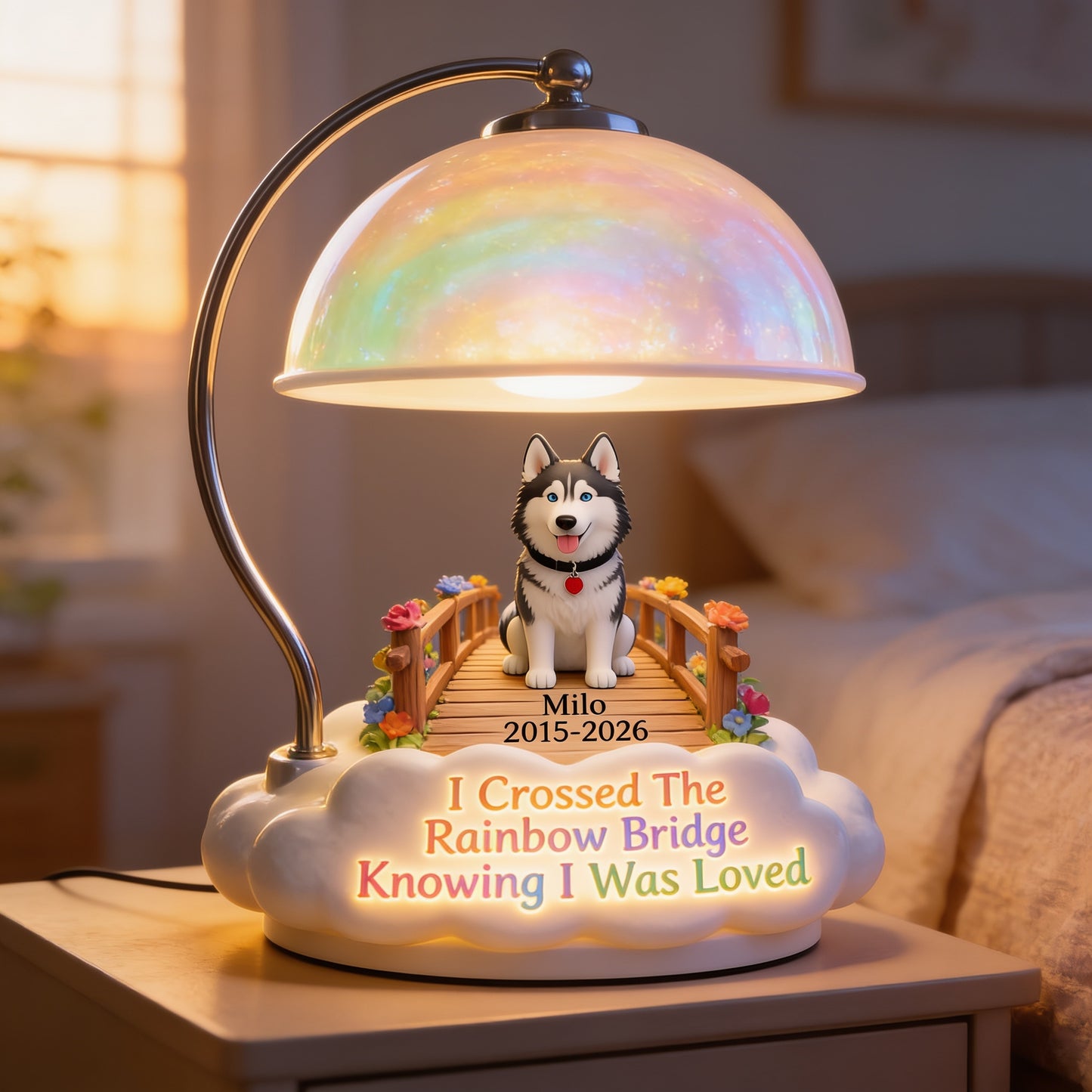 Personalized Siberian Husky Rainbow Bridge Memorial Acrylic LED Night Light, Dog Loss Sympathy Keepsake Gift