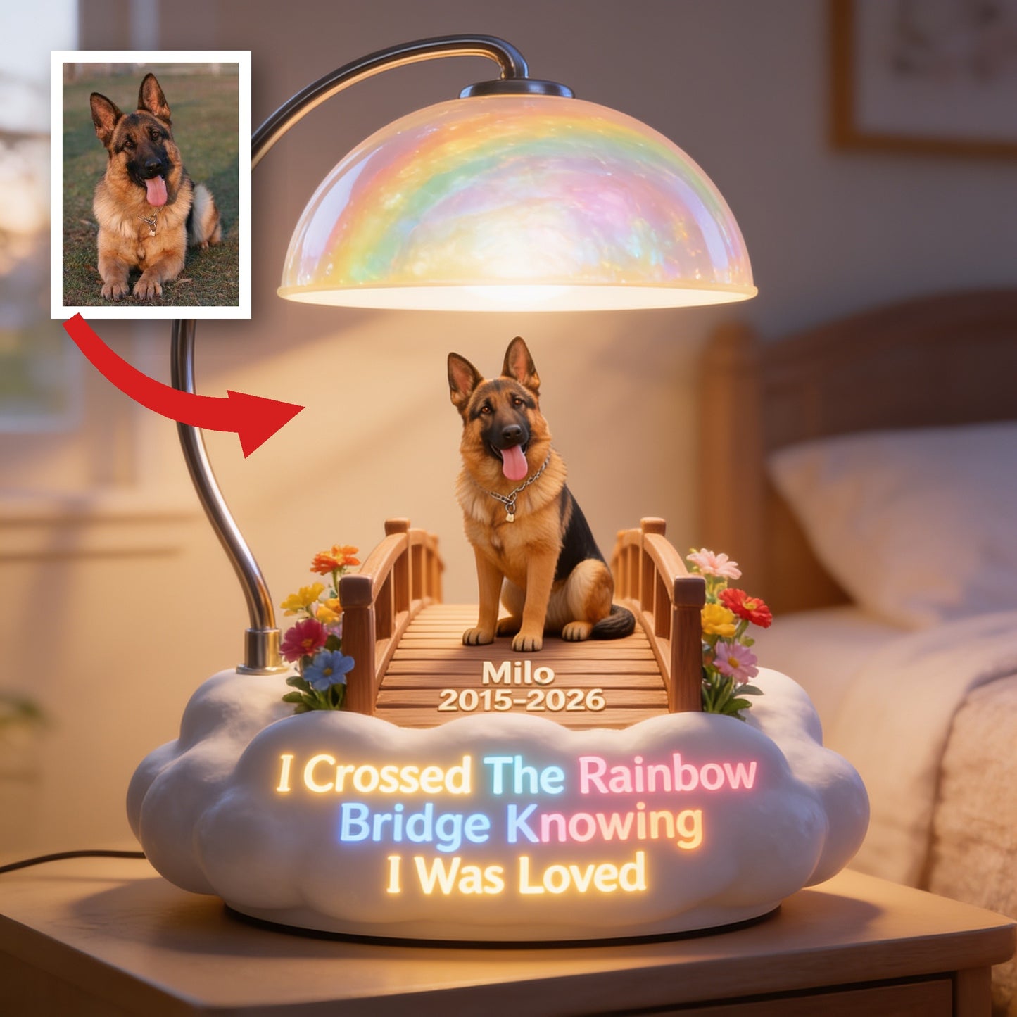 Personalized German Shepherd Rainbow Bridge Memorial Acrylic LED Night Light, Dog Loss Sympathy Keepsake Gift