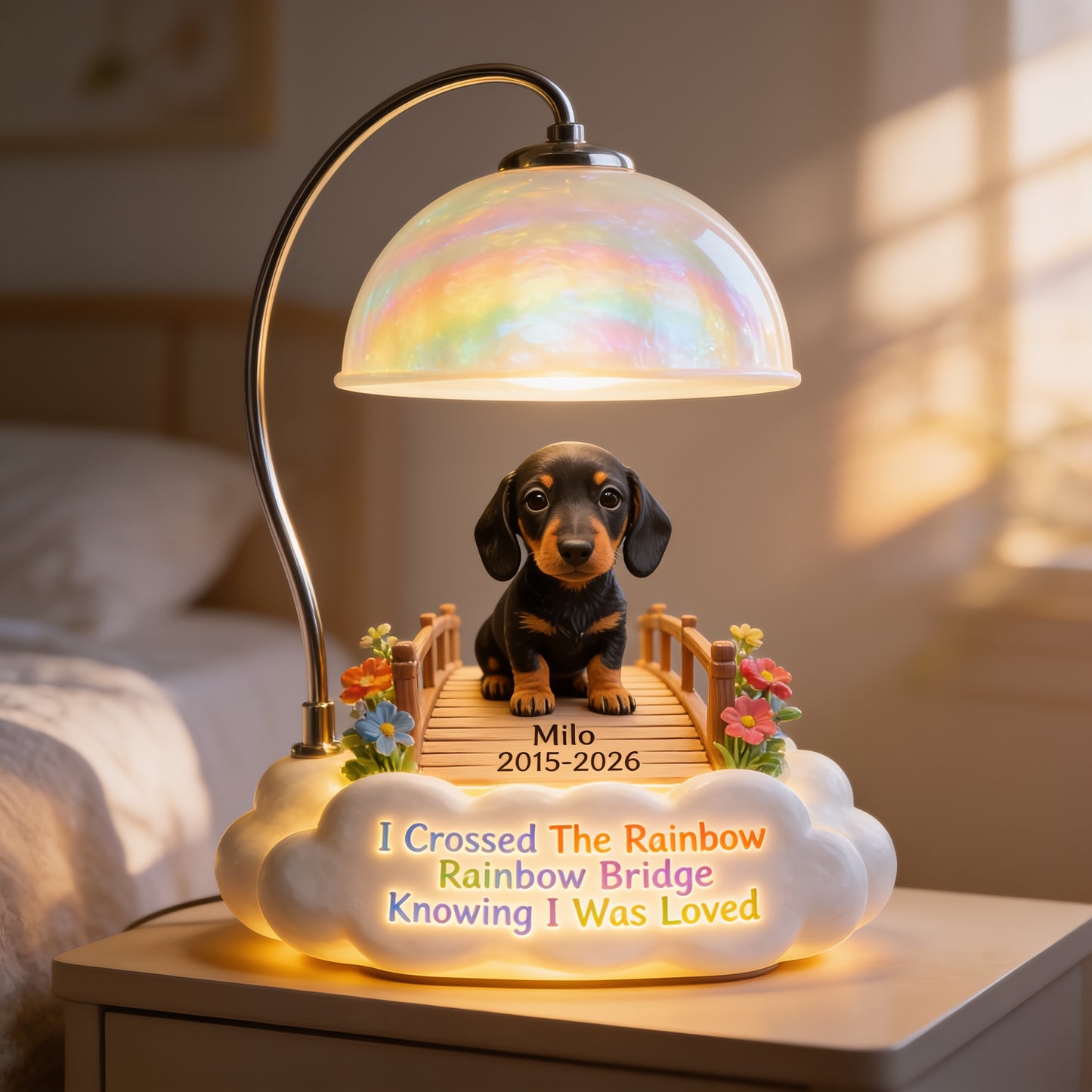 Personalized Black & Tan Dachshund Rainbow Bridge Memorial Acrylic LED Night Light, Dog Loss Remembrance Gift