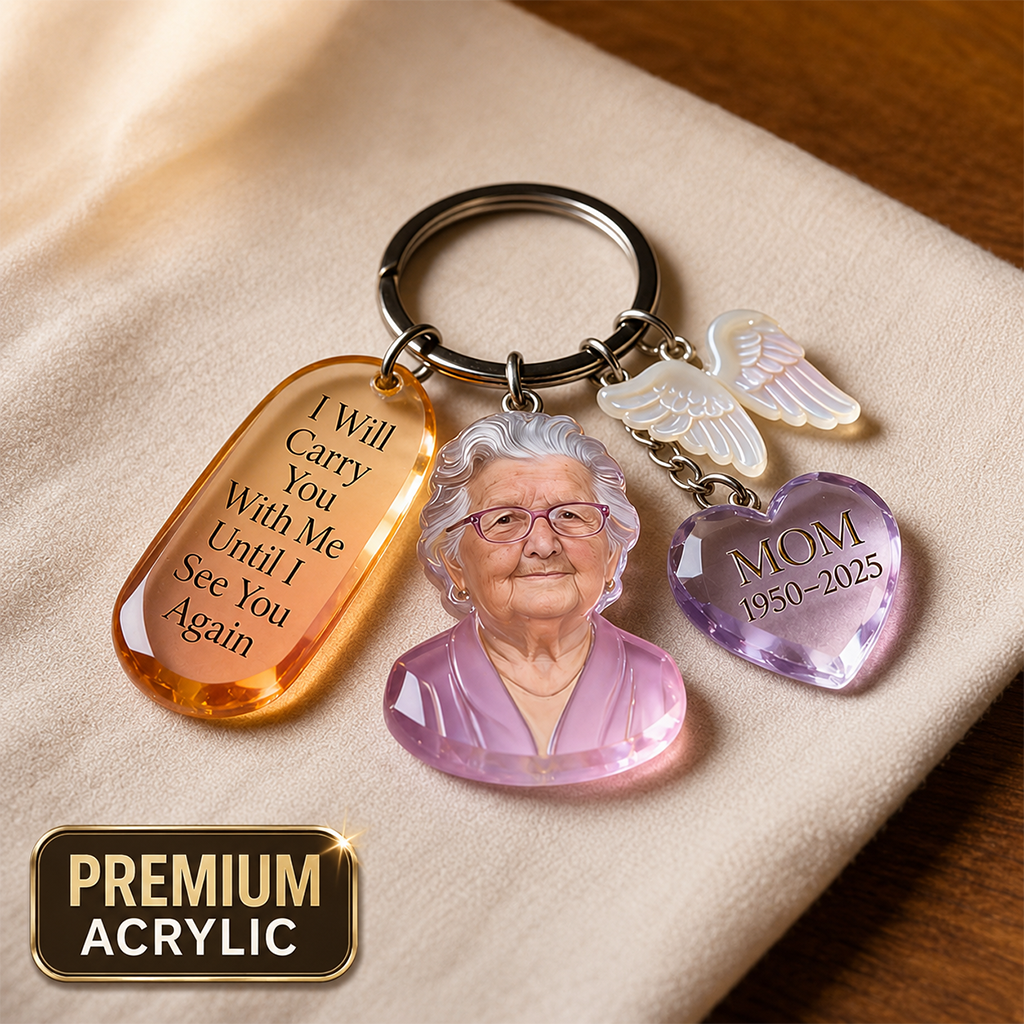 Custom Woman Portrait Memorial Keychain Personalized Sympathy Remembrance Keepsake with Angel Wing Charms Loss of Loved One Gift