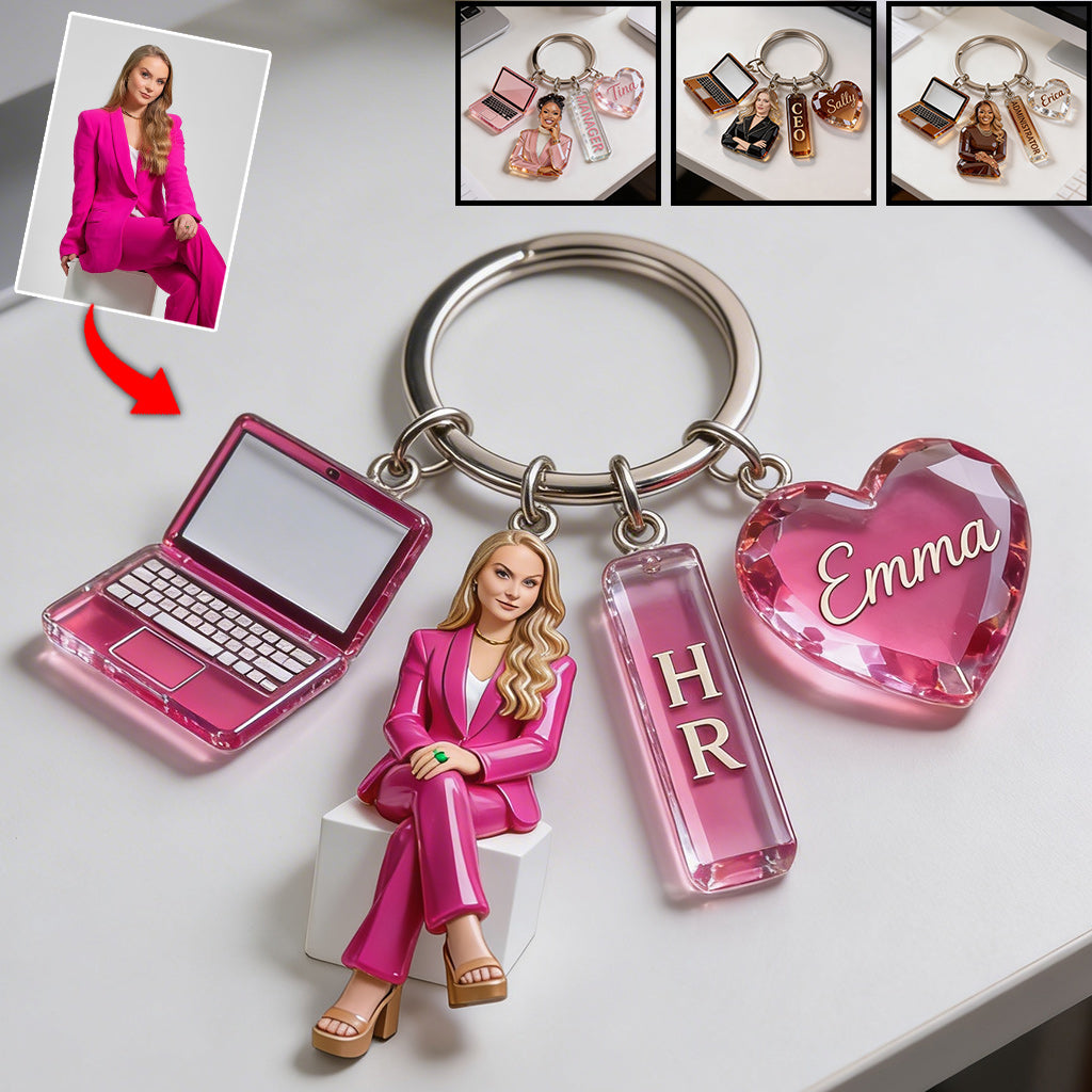 Personalized Latin Woman Colleague Portrait Keychain - Custom Office Appreciation Coworker Gift with Themed Charms