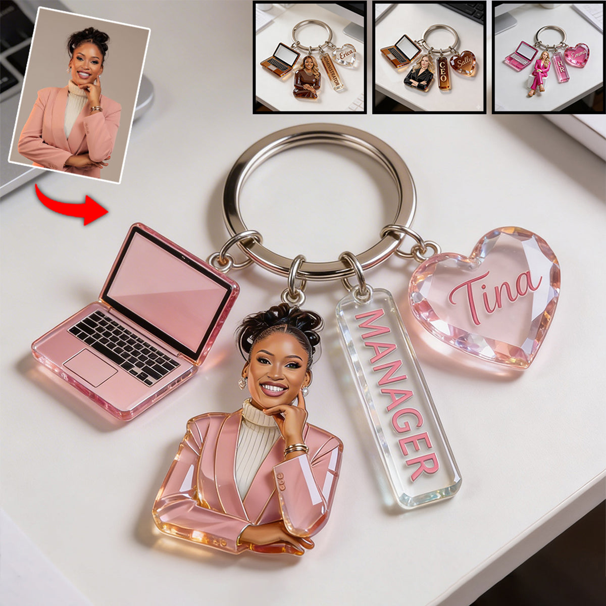 Personalized Adult Latin Man Portrait Keychain, Custom Office Colleague Staff Appreciation Gift With Themed Charms