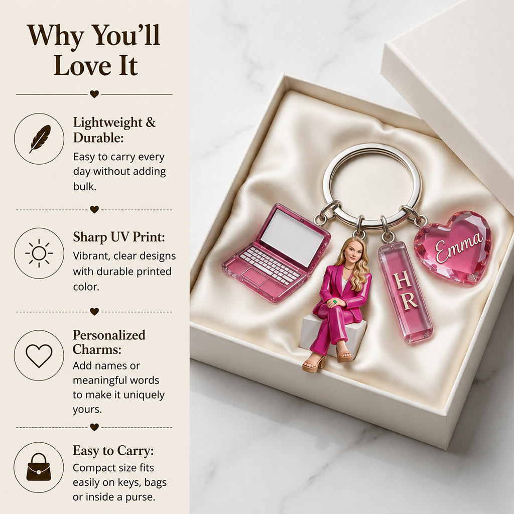 Personalized Adult Woman Portrait Keychain, Custom Office Team Appreciation Gift For Coworker Colleague With Charms