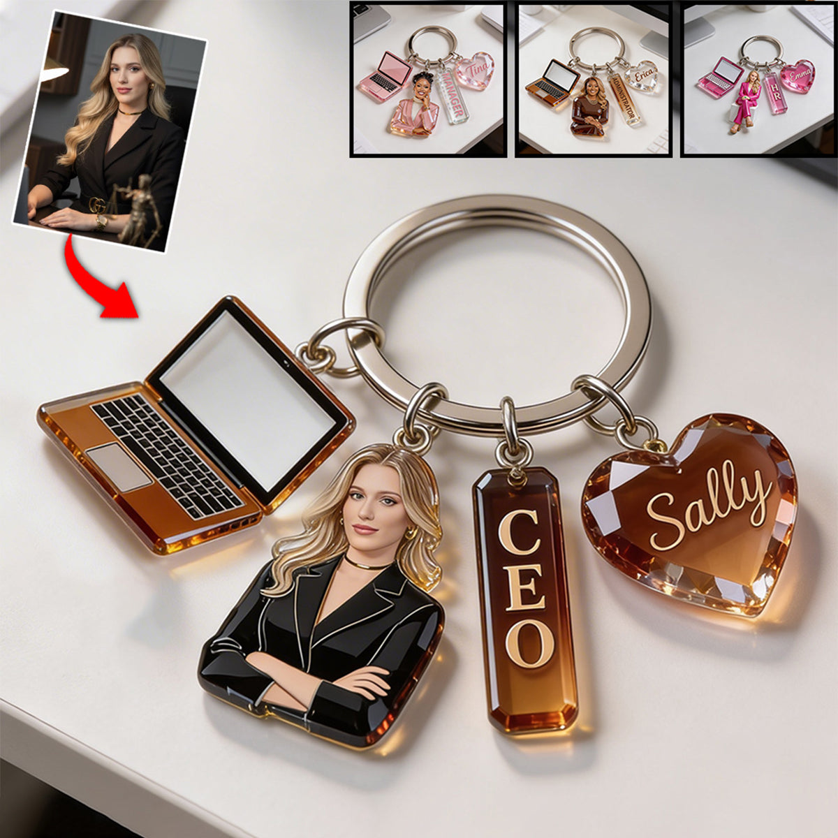 Personalized Black Woman Portrait Keychain, Custom Star Employee Office Appreciation Gift for Colleague with Charms