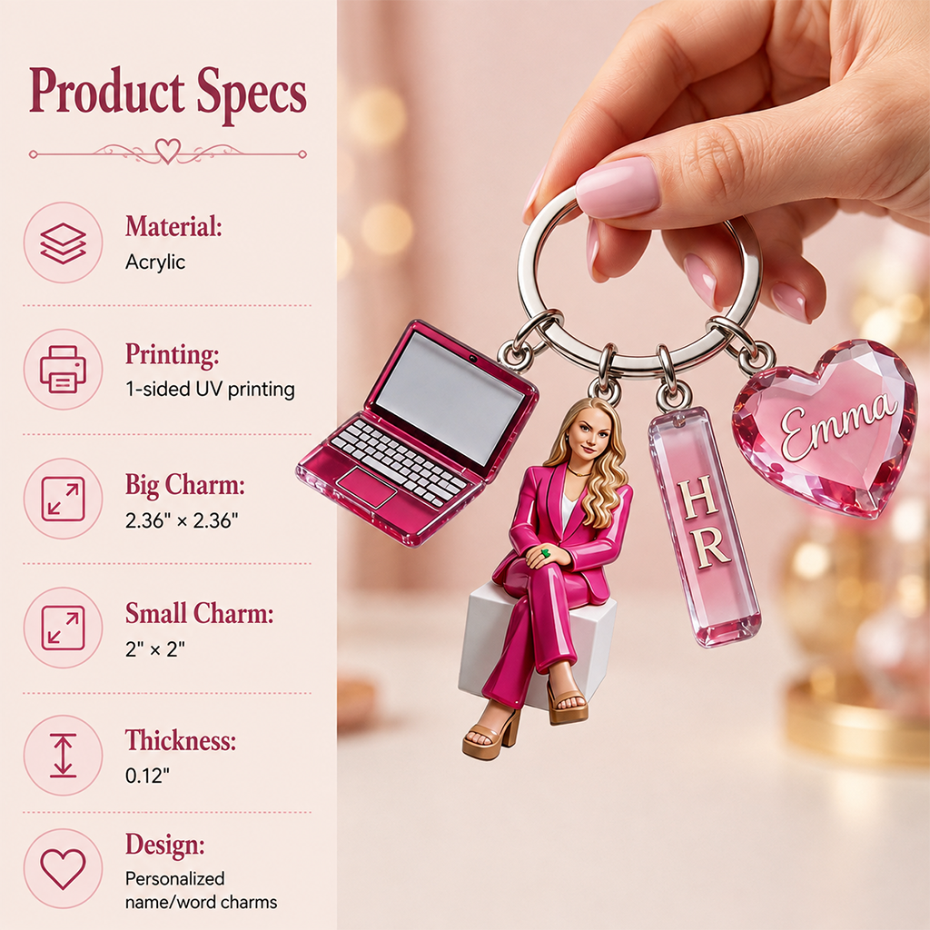Personalized Adult Woman Portrait Keychain, Custom Office Team Appreciation Gift For Coworker Colleague With Charms