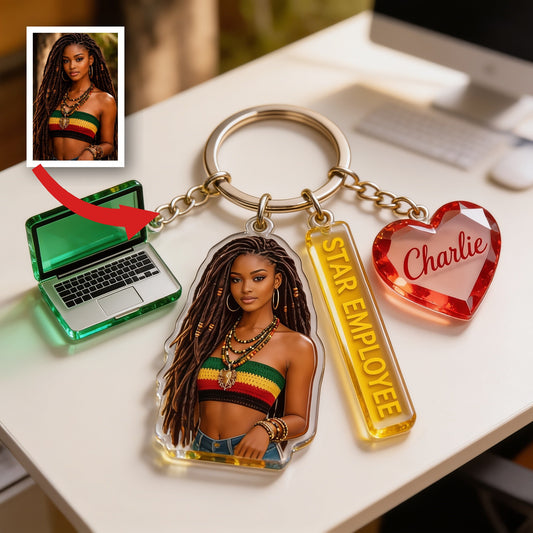 Personalisierter Schlüsselanhänger mit Porträt einer schwarzen Frau, individuelles Geschenk für Kollegen