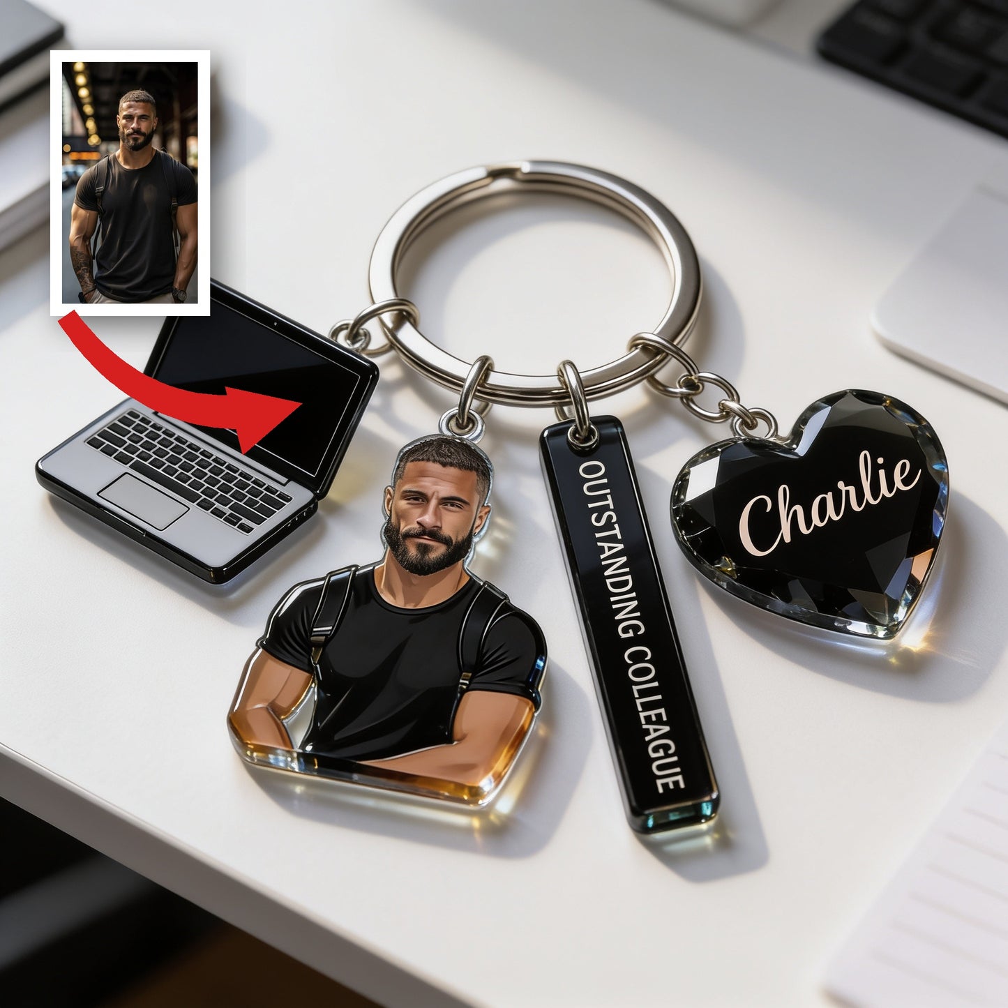 Personalized Adult Black Man Portrait Keychain, Custom Office Colleague Appreciation Gift With Themed Charms