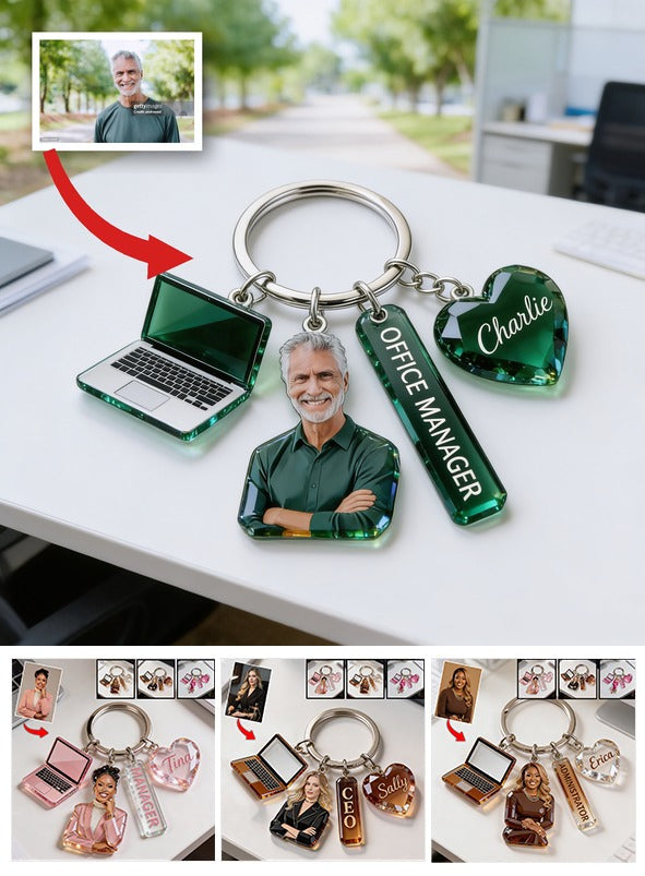 Personalized Adult Latin Man Portrait Keychain, Custom Office Colleague Staff Appreciation Gift With Themed Charms