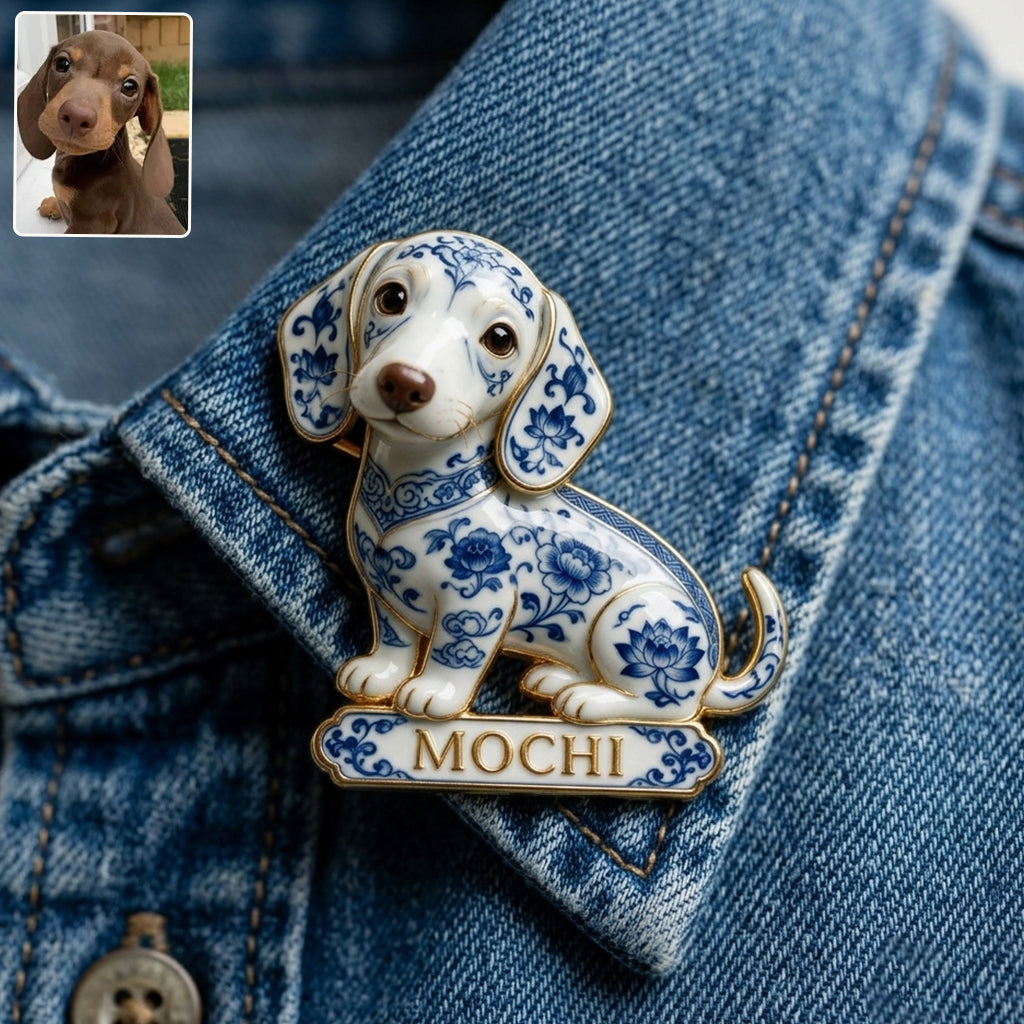 Personalized Blue & White Porcelain Chihuahua 3D Embossed Enamel Pin, Cute Custom Gift for Chihuahua Dog Lovers