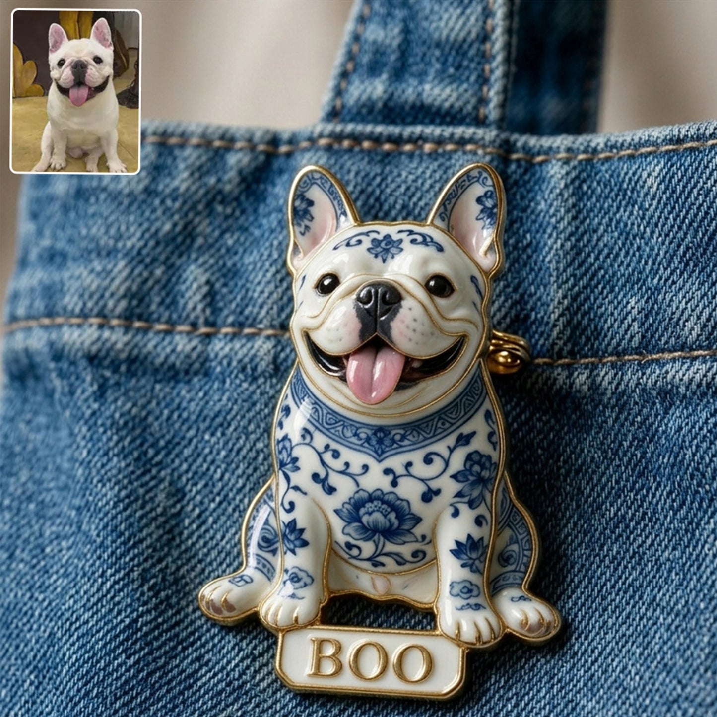 Personalized Blue & White Porcelain Chihuahua 3D Embossed Enamel Pin, Cute Custom Gift for Chihuahua Dog Lovers