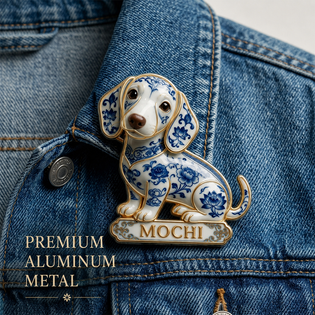 Personalisierte blaue und weiße Porzellan sitzende Mops 3D-Relief-Emaille-Nadel, süßes Geschenk für Mopsbesitzer für Jacken, Taschen und Sammlungen
