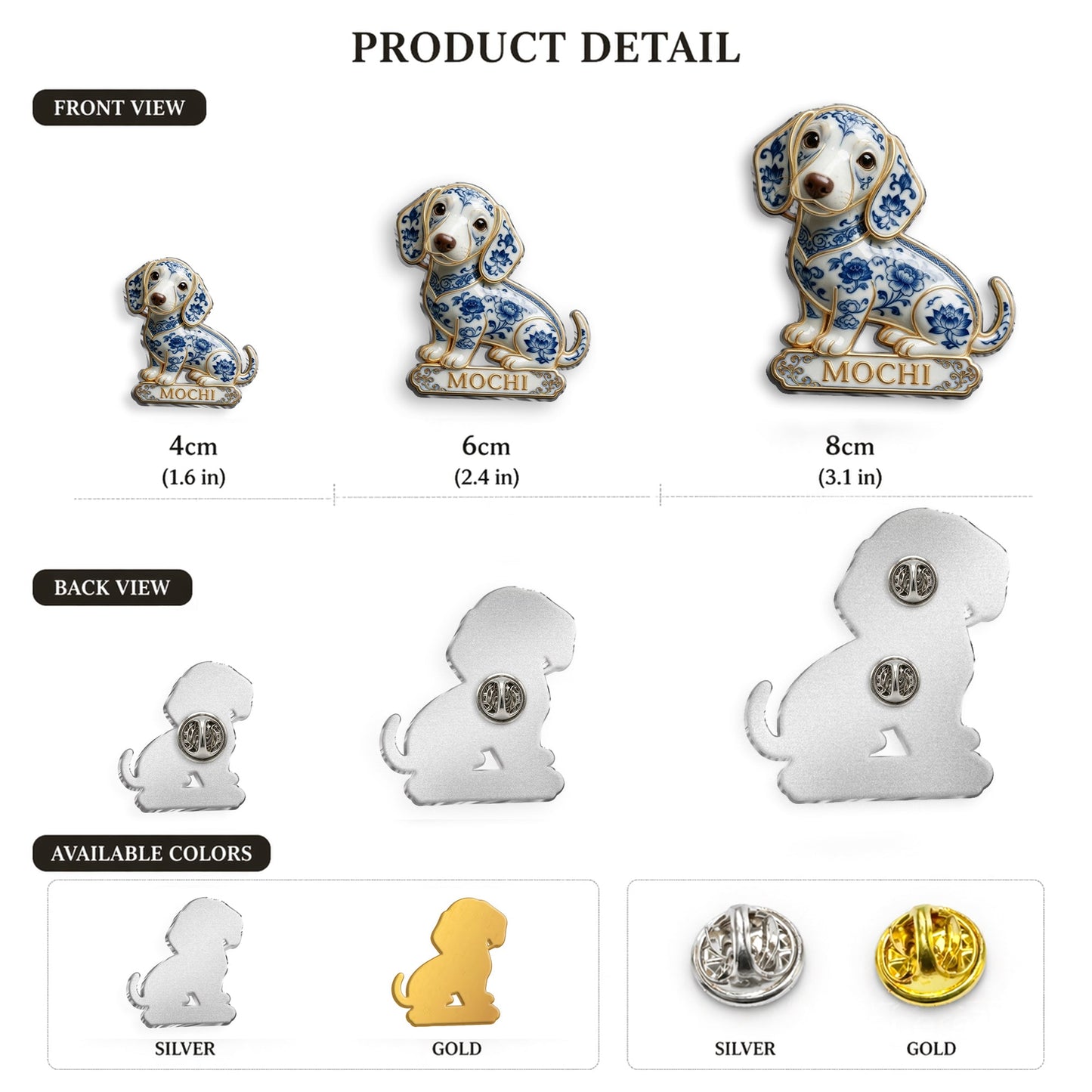 Personalized Blue & White Porcelain Chihuahua 3D Embossed Enamel Pin, Cute Custom Gift for Chihuahua Dog Lovers
